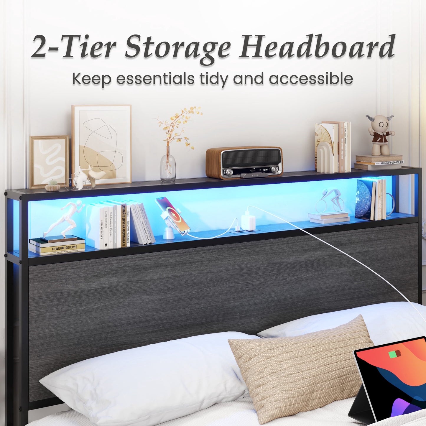Lifezone Full Size Bed Frame with Storage Headboard & Footboard Drawers, Rustic Grey