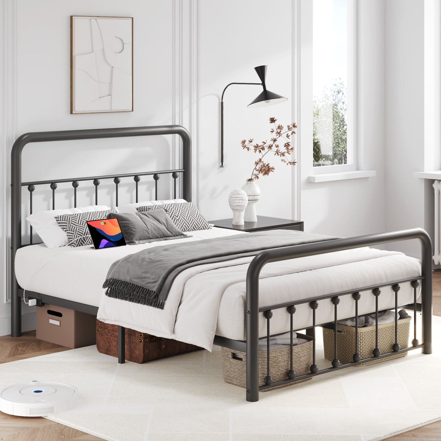 Lifezone Full Bed Frame, Classic Metal Platform Bed Frame, with Charging Station and LED, No Need for Springs, Black