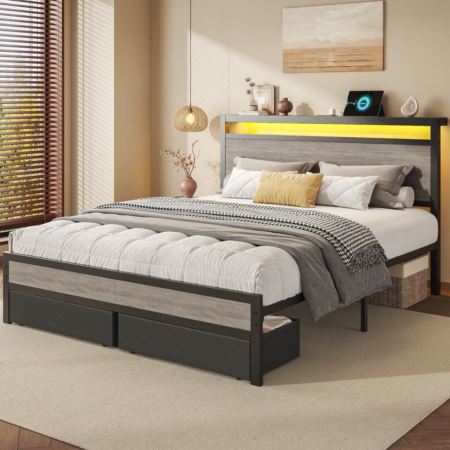Queen Bed Frame with 2 Drawers, Headboard & Footboard, Bed Frame with Built-in Charging Station & LED Light, Storage Shelf, Noise-Free, No Box Spring Needed, Easy Assembly, Gray