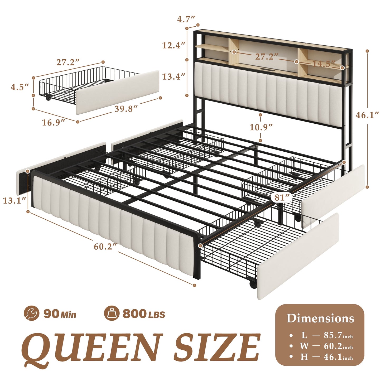 Queen Bed Frame with Storage, Upholstered Platform Bed with Headboard and 4 Drawers, LED Lights and Charging Station, Noise Free, No Box Spring Needed, Easy Assembly, Metal Support, Beige