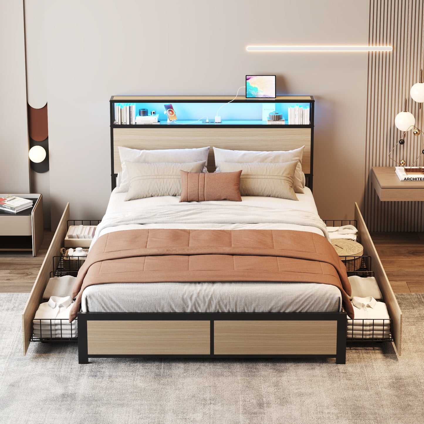 LIFEZONE Adult Rustic Lodge Metal MDF Bookcase Bed with Charging Station and LED, Beige