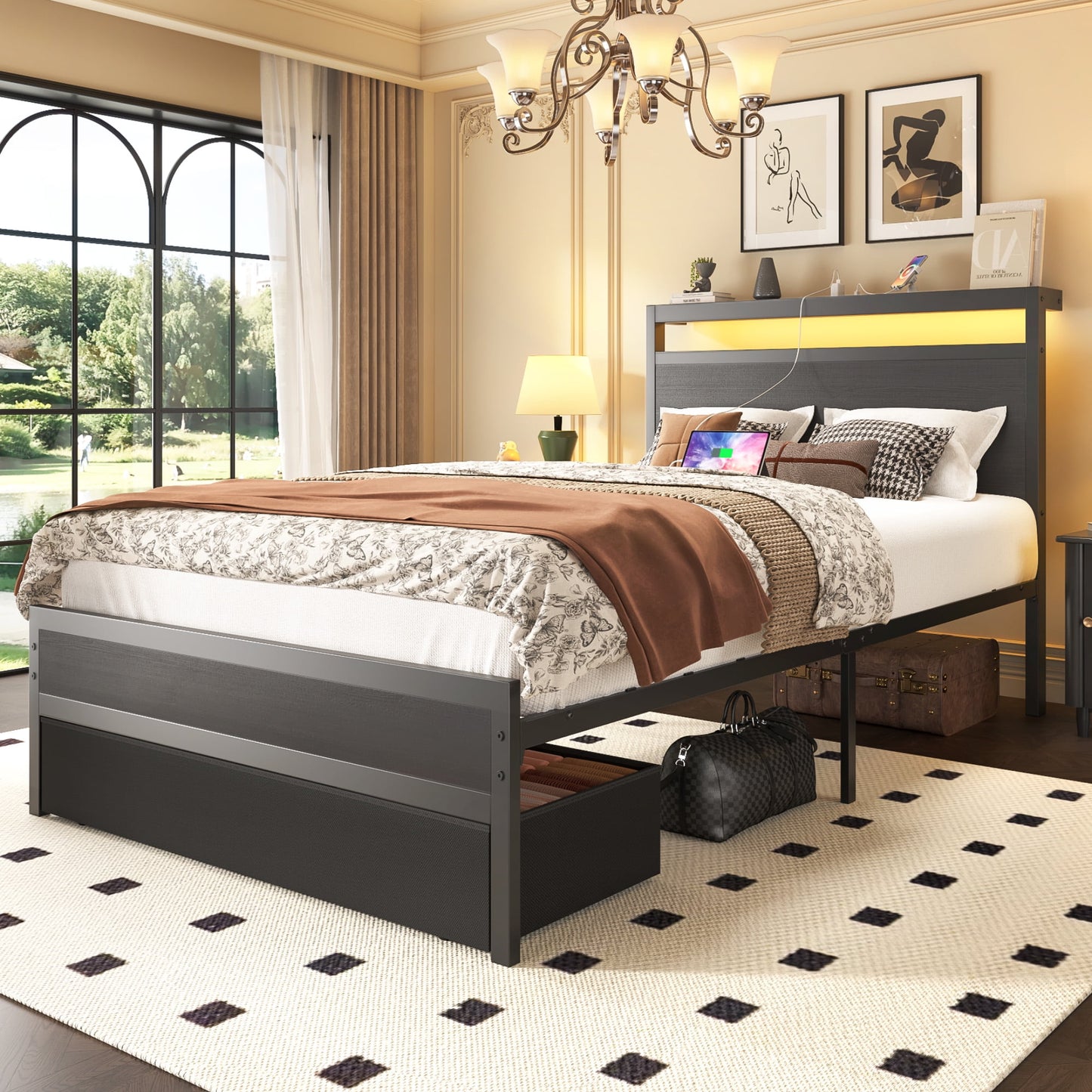 Twin Bed Frame,Twin Bed Frame with Storage Headboard & Storage Drawer, Charging Station & LED Light, No Box Spring Needed, Noise Free, Easy Assembly, Classic Black