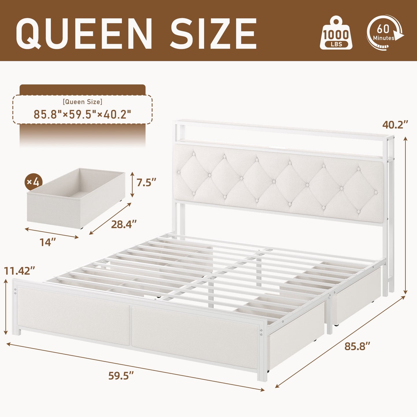 Lifezone Queen Bed Frame with Headboard, Platform Bed Frame with 4 Storage Drawers, Charging Station & LED, Metal Support, No Box Spring Needed, Noise Free, White