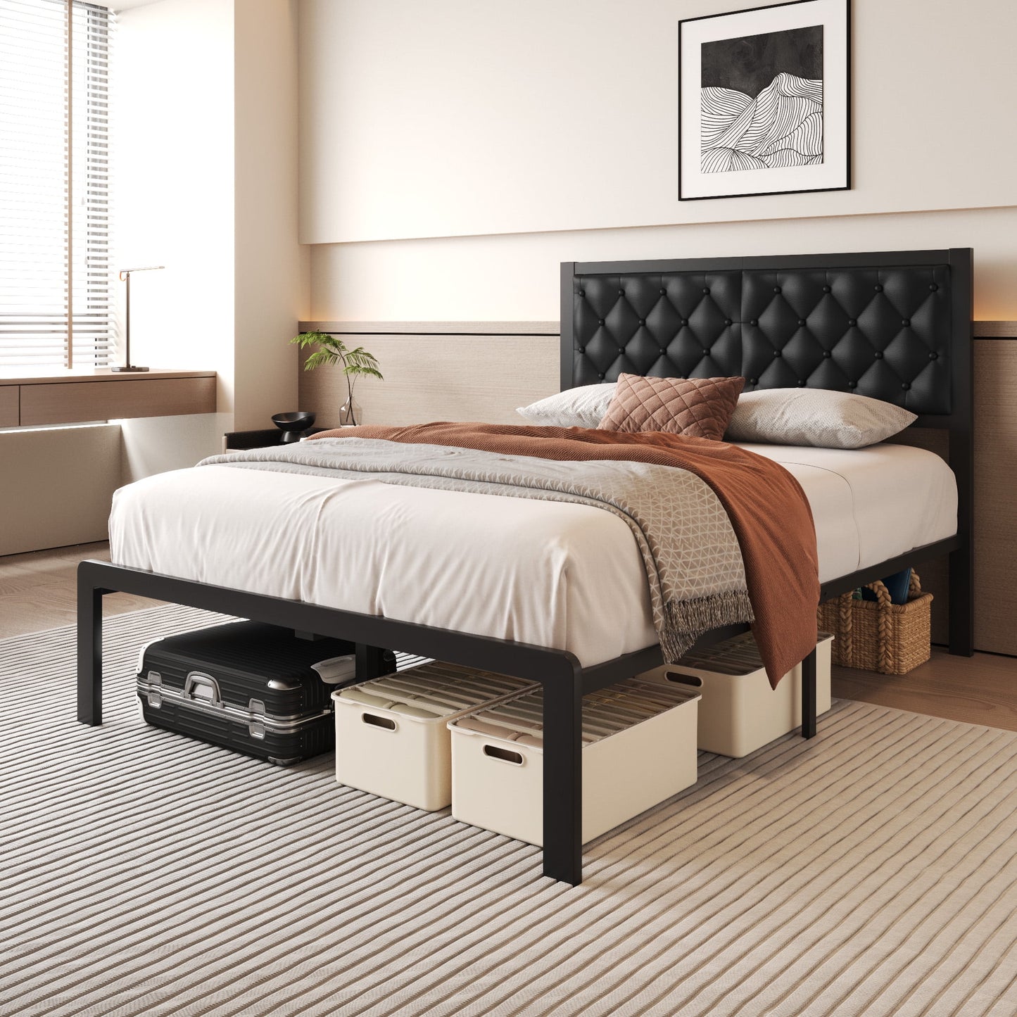 Lifezone Bed Frame with Upholstered Headboard, Queen, Metal Support, No Box Spring Needed, Black