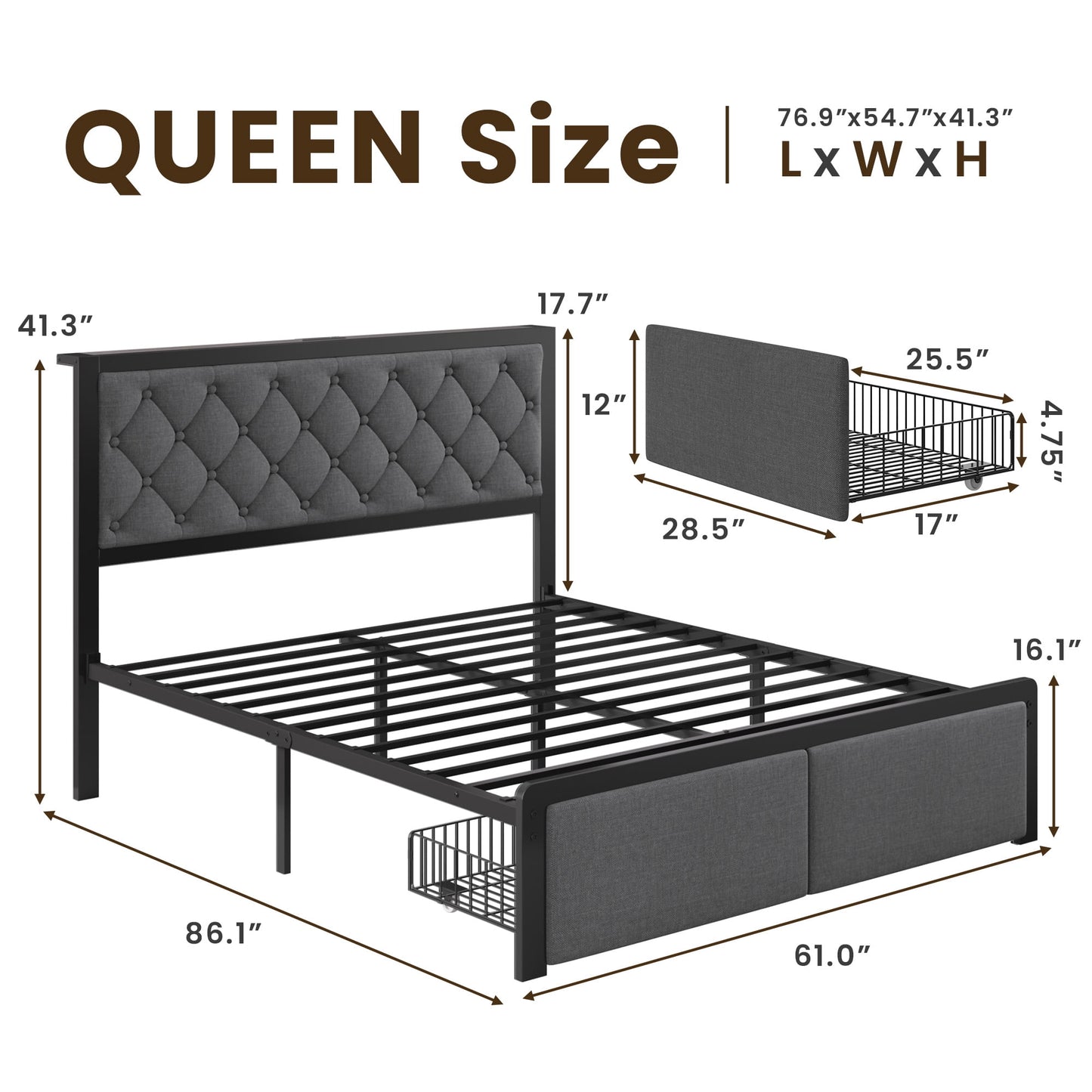 Lifezone Bed Frame with Linen Upholstered Headboard, Lockable Storage, Queen Size, Gray