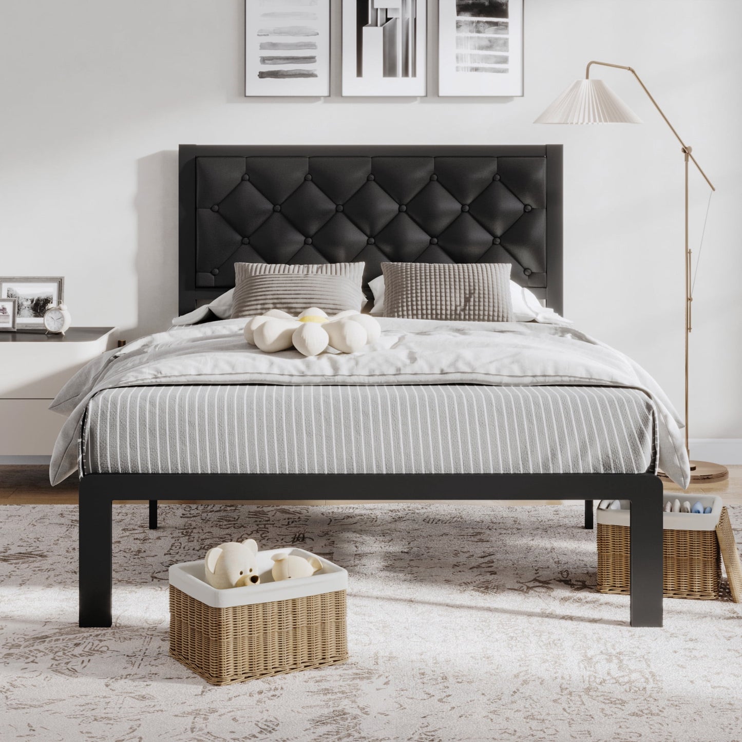 Lifezone Bed Frame with Headboard PU Leather Upholstered and All Metal Slats Support Platform, Twin