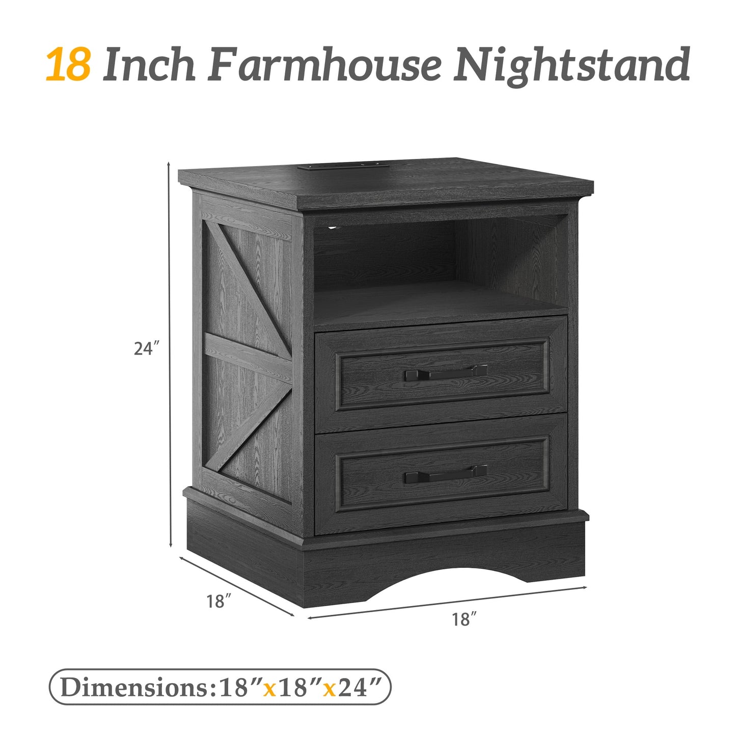 Lifezone 24” Farmhouse Rustic Nightstand - Antique Black , Charging Station, Drawers & Open Storage