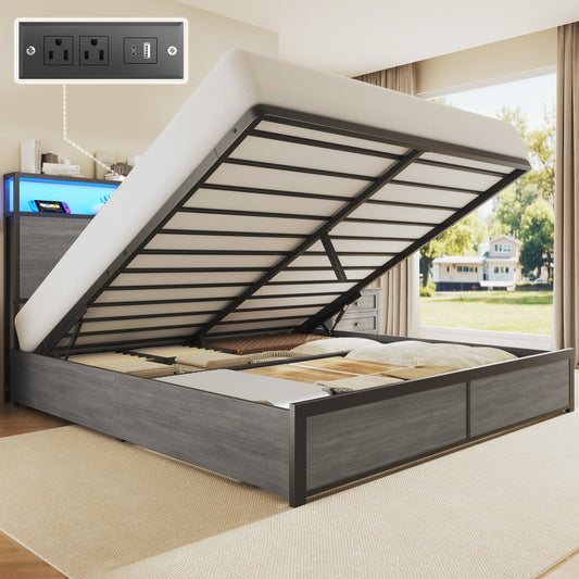 Lifezone Queen Size Lift Up Storage Bed Frame with 2-Tier Storage Headboard, Metal Platform Bed Frame with Charging Station & LED Light, Hydraulic Support, No Box Spring Needed/Noise Free, Rustic Grey
