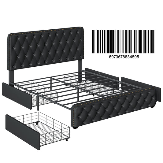 Lifezone Queen Size Platform Bed Frame with 4 Storage Drawers and Upholstered Headboard, Dark Grey