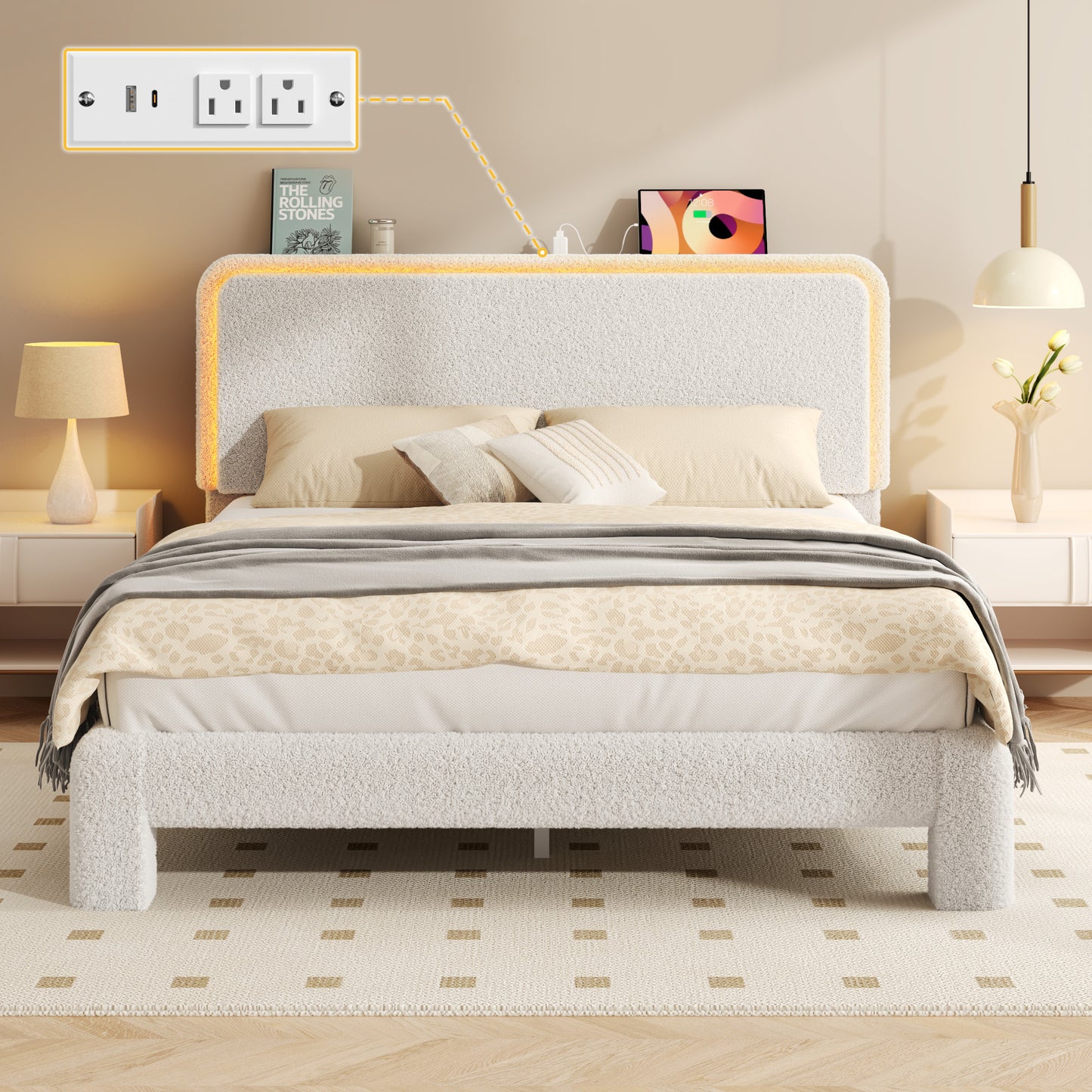 Lifezone Queen Bed Frame with Charging Station & LED Lights, Boucle Upholstered Cloud Bed with Headboard and Shelf, Noise Free, Sturdy Metal Support, No Box Spring Needed, Soft Rounded Corners, Beige