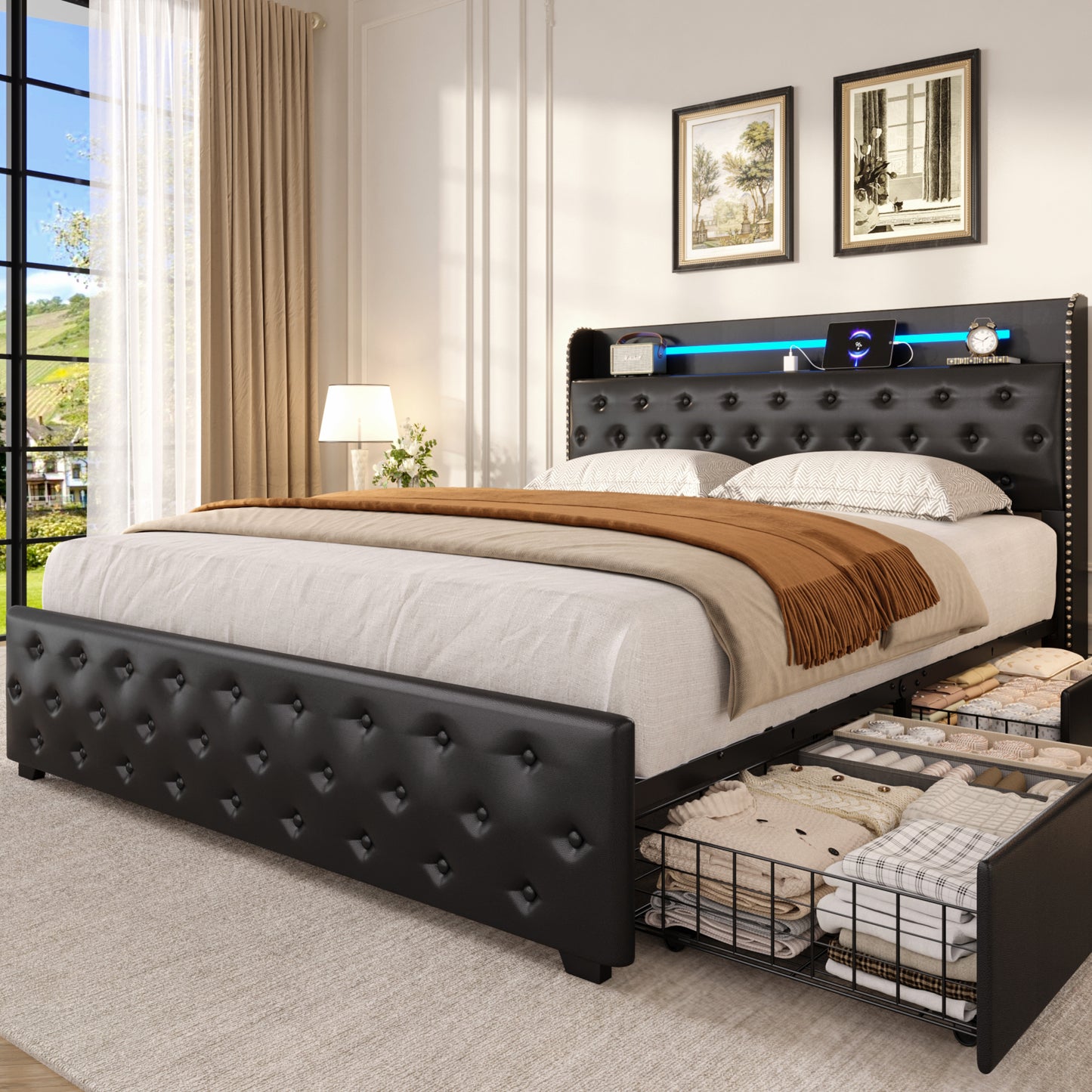 Lifezone Queen Bed Frame with 4 Storage Drawers and LED Lights, Upholstered Faux Leather Wingback Platform Bed with Type-C Charging Station, Noise-Free Heavy Duty Metal, No Box Spring Needed, Black