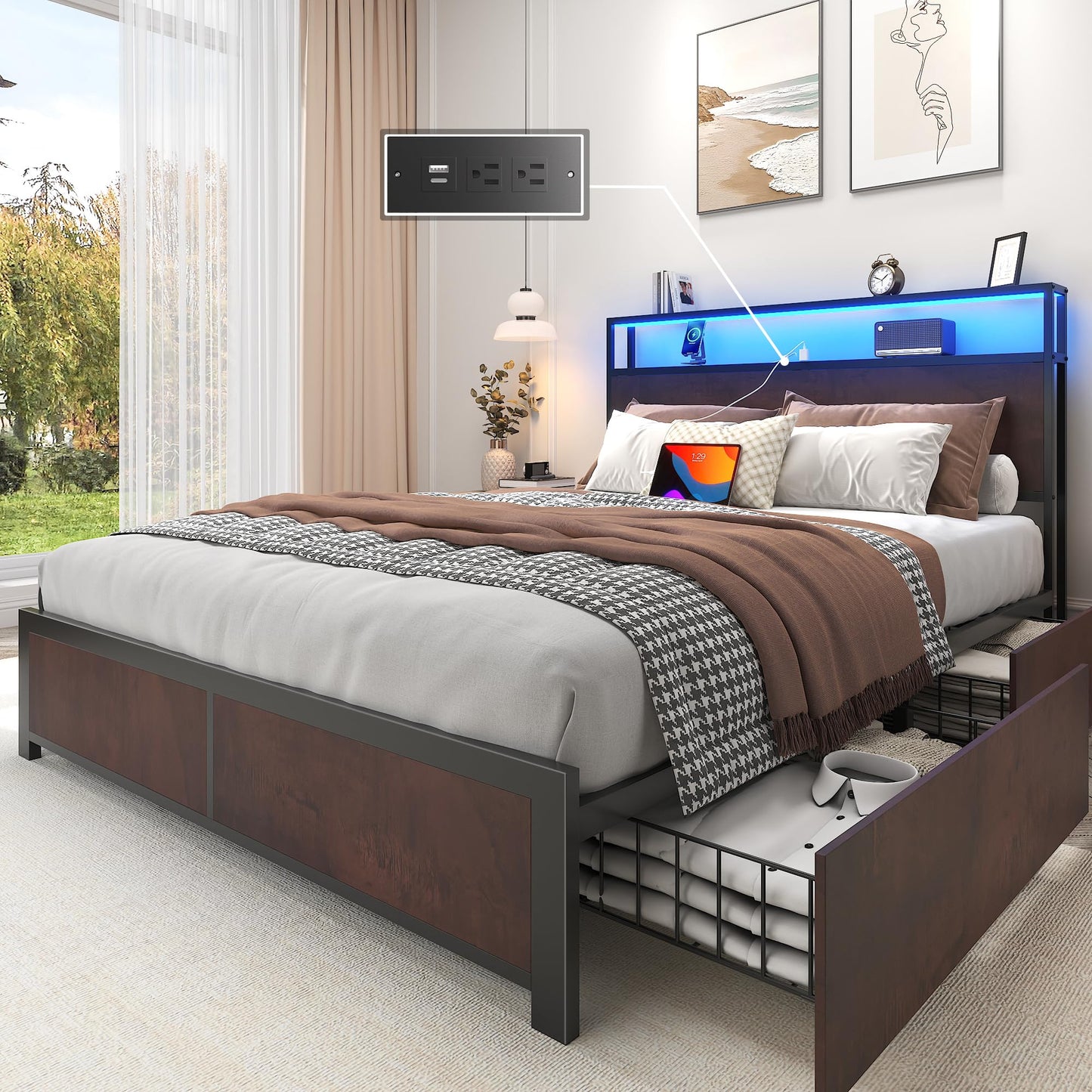 Lifezone King Bed Frame with 2-Tier Storage Headboard, Metal Platform Bed Frame with 4 Storage Drawers, Built in Charging Station & LED, Noise-Free/Metal Support/No Box Spring Needed, Coffee Brown