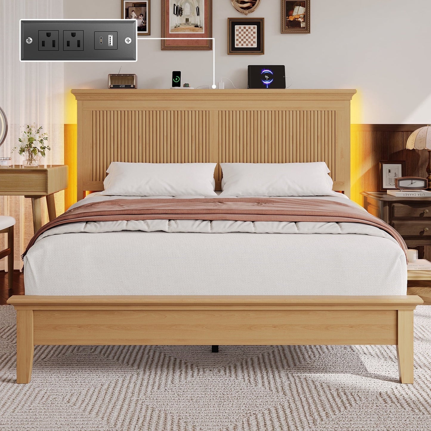 Lifezone Solid Wood Queen Platform Bed, Tall Headboard with Built-in RGB LED and Charging Station, Wood Slat Support, Noise-Free Natural Finish