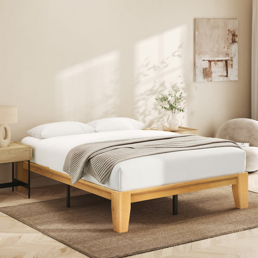 Lifezone Wood Queen Platform Bed Frame, Premium Solid Wood, Sturdy Structure, 3.78” Thickened & 14” Height Legs, Easily Assemble, Mortise & Tenon Joints Patterns, Natural