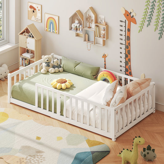 Toddler Floor Bed with Wood Slats, Twin Size Montessori Bed Frame for Girls and Boys, high Safety Guardrails, No Box Spring Needed, White