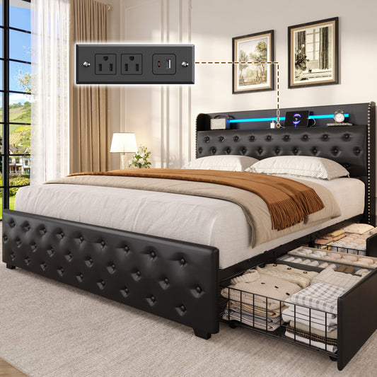 Lifezone Queen Bed Frame with 4 Storage Drawers and LED Lights, Upholstered Faux Leather Wingback Platform Bed with Type-C Charging Station, Noise-Free Heavy Duty Metal, No Box Spring Needed, Black