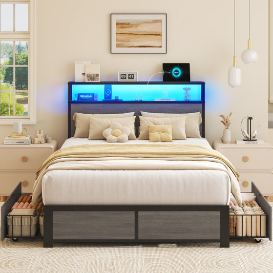 Lifezone Twin Bed Frame with 2 Storage Drawers, Platform Bed Frame with Headboard, Charging Station & LED, Metal Support, No Box Spring Needed, Noise Free, Gray