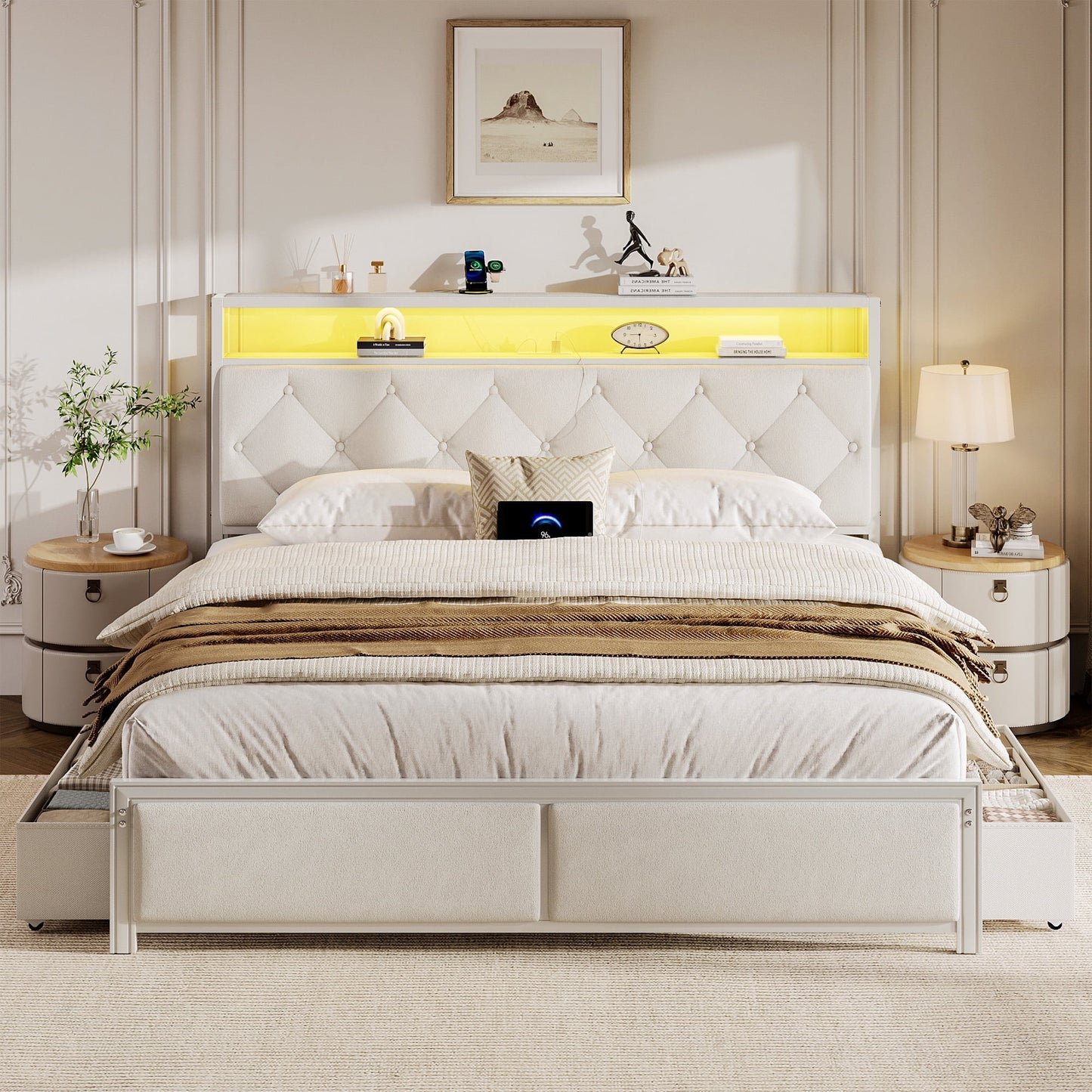 Lifezone Queen Bed Frame with Headboard, Platform Bed Frame with 4 Storage Drawers, Charging Station & LED, Metal Support, No Box Spring Needed, Noise Free, White