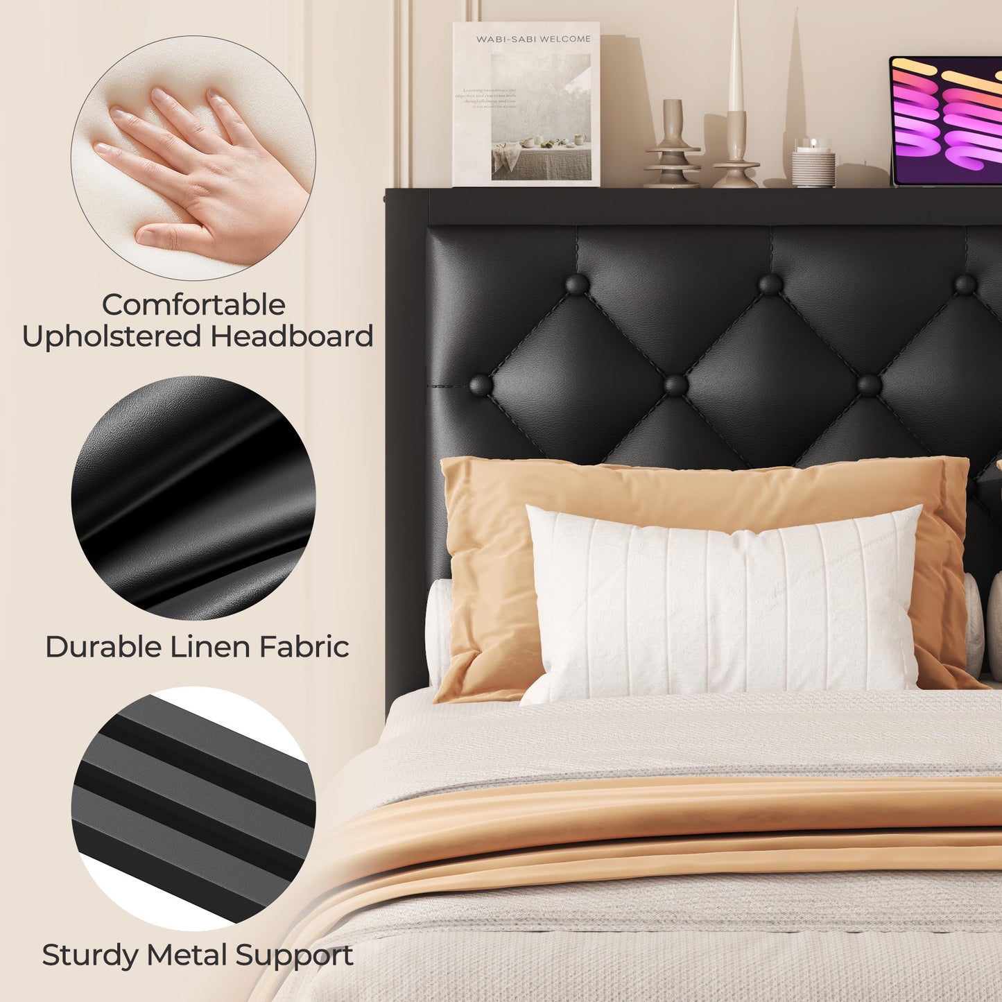 Lifezone Twin Bed Frame with Upholstered Headboard, USB Port, Large Storage Drawer, No Box Spring Needed, Easy Assembly, Black