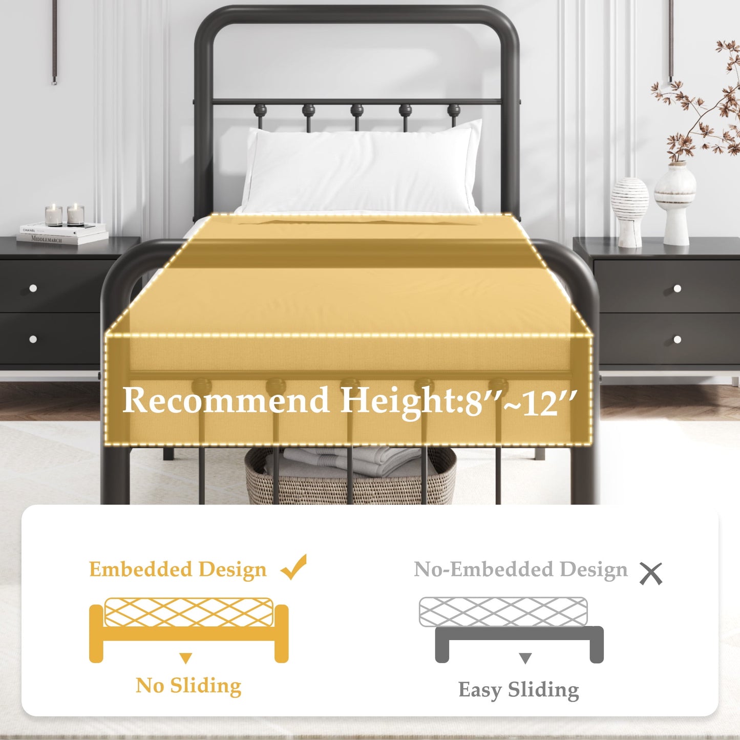 Lifezone Twin Bed Frame, Classic Metal Platform Bed Frame, with Charging Station and LED, No Need for Springs, Black