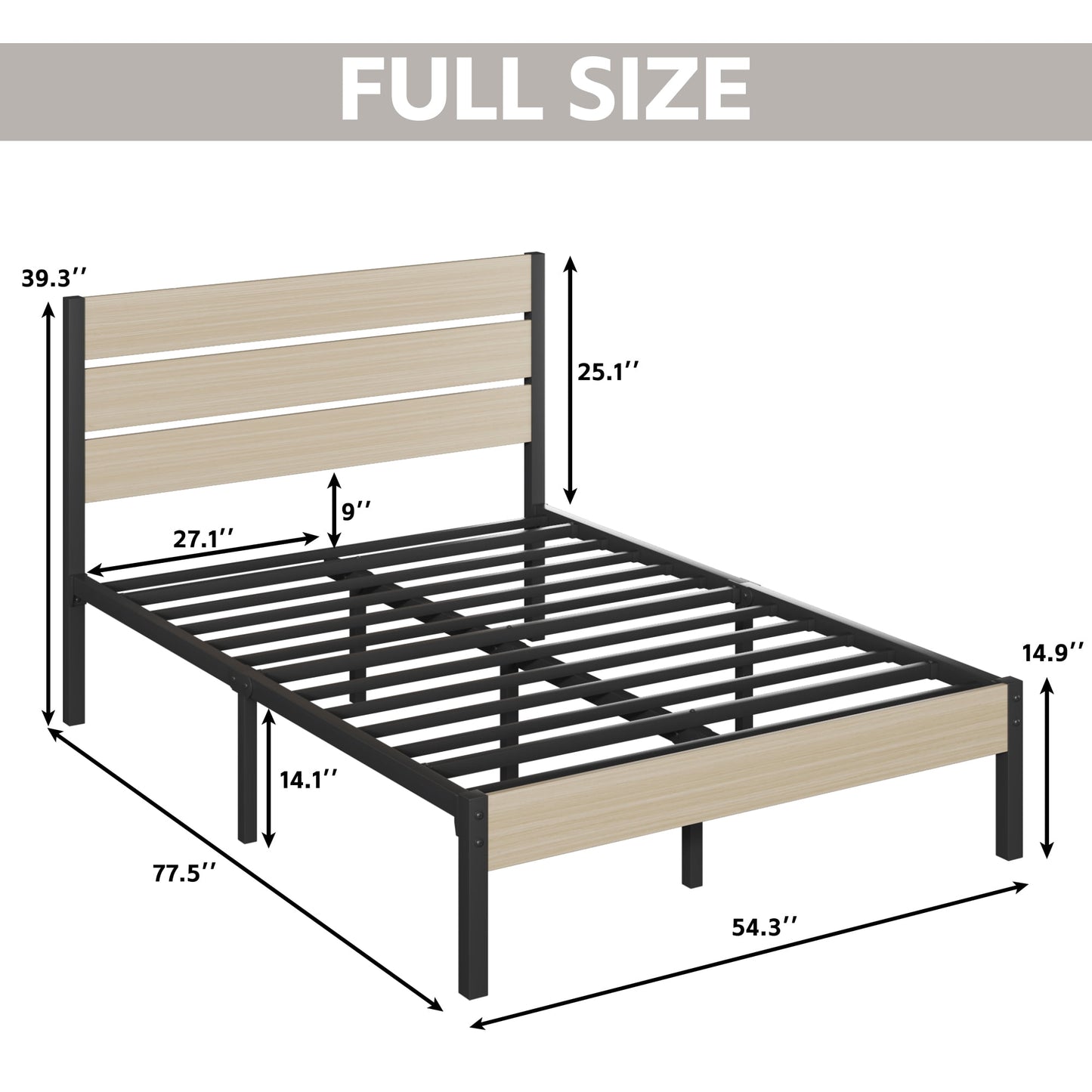 Lifezone Full Bed Frame with Rustic Vintage Wood Headboard and Footboard,Metal Support,Beige