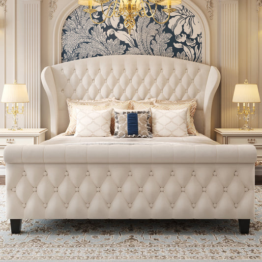 Queen Bed Frame, 42" Tall Velvet Upholstered Sleigh Bed with Wingback Headboard & Scroll Footboard, No Box Spring Needed, Sturdy Support, Easy Assembly, Noise Free, Button Tufted, Beige