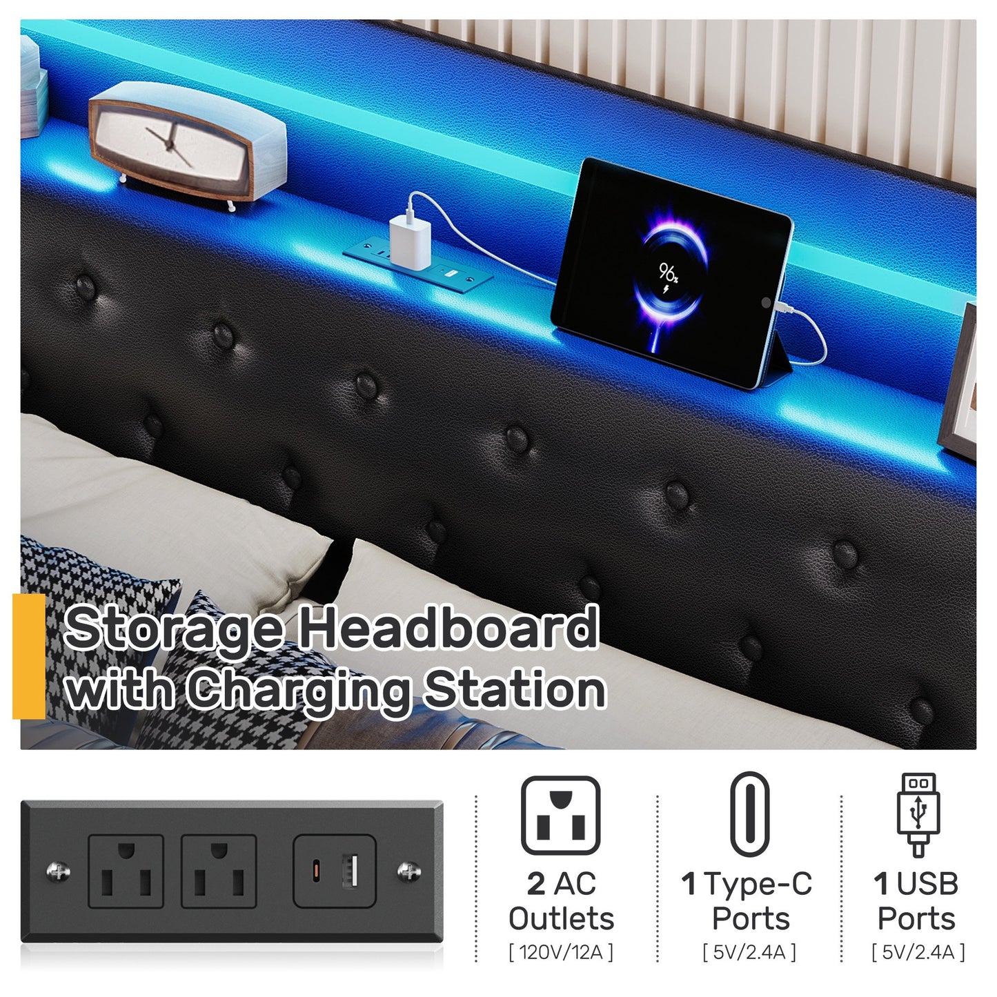 Lifezone Queen Size Upholstered Platform Bed Frame, Faux Leather Windback Headboard with Storage, 4 Drawers, LED Lights & Charging Station, Metal Slat Support, No Box Spring Required, Black