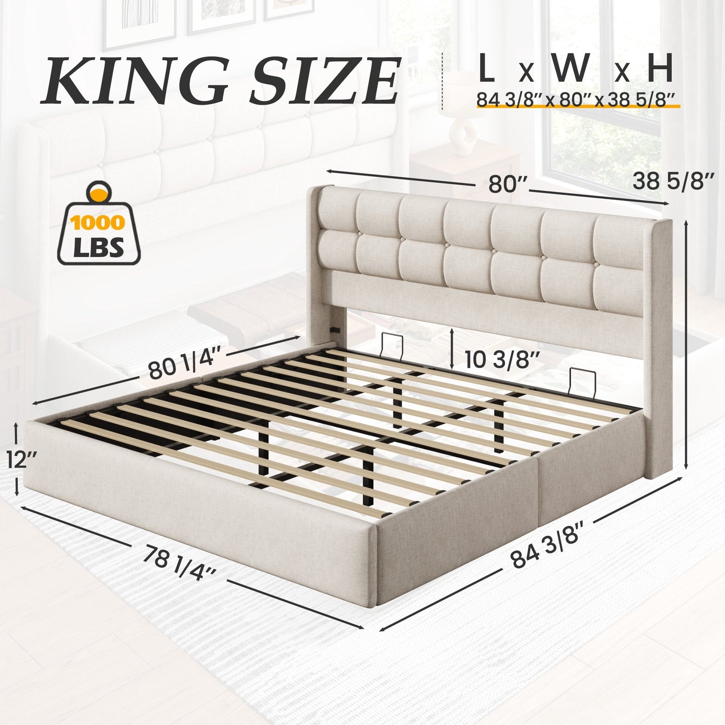Lifezone King Linen Upholstered Storage Bed Frame with Button Tufted Wingback Headboard, Hydraulic Lift-Up Under-Bed Storage, Beige