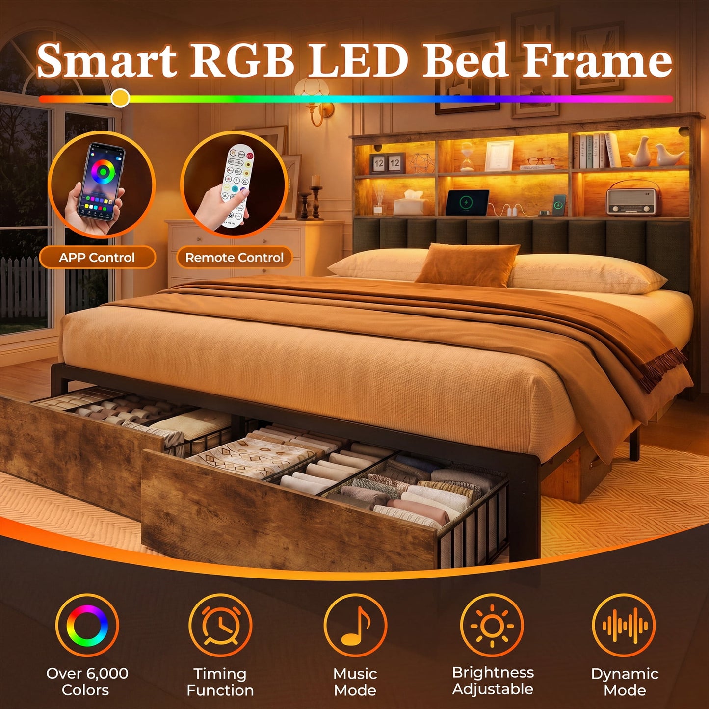 Lifezone Queen Storage Bed Frame with 2 Drawers, Bookcase Headboard & Charging Station, No Box Spring Needed, Rustic Brown