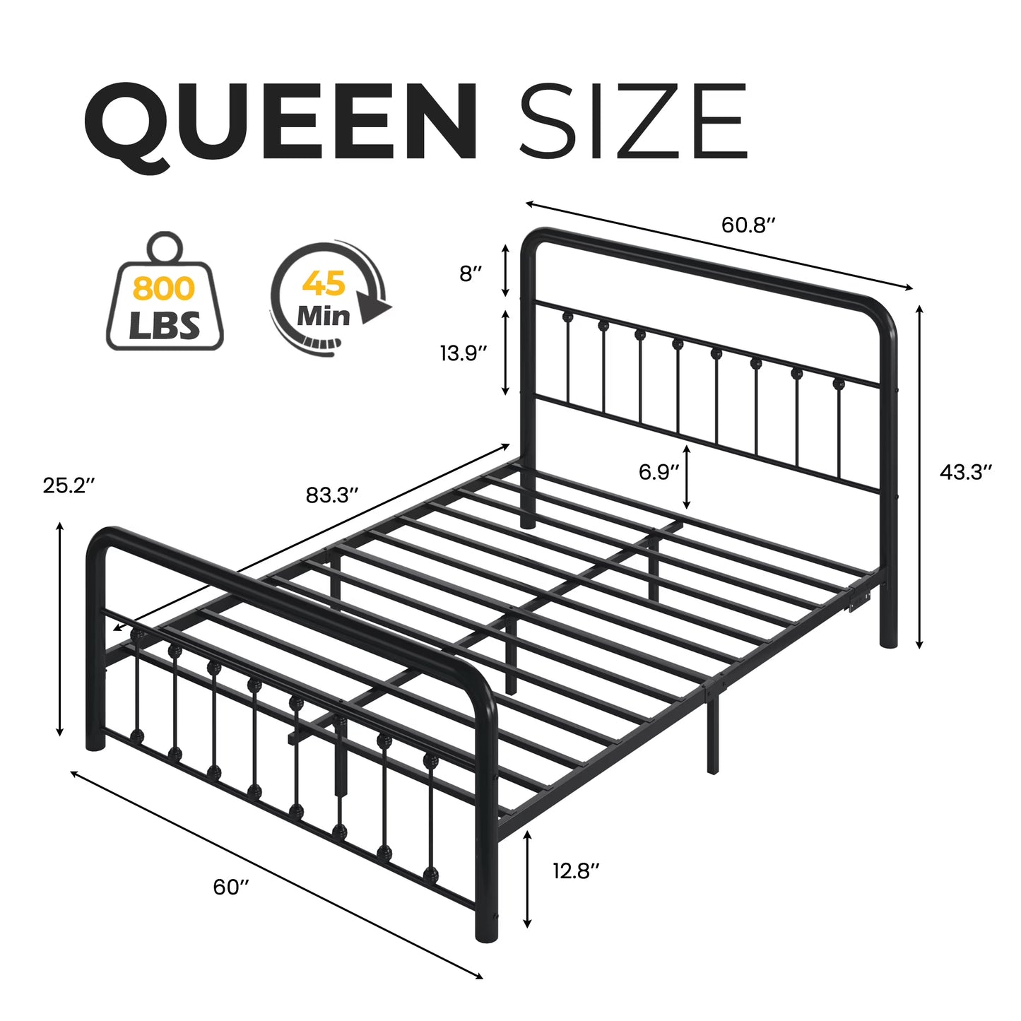 Lifezone Queen Bed Frame, Classic Metal Platform Bed Frame, with Charging Station and LED, No Need for Springs, Modern Black