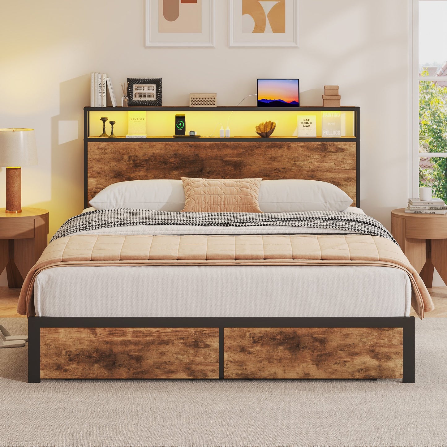 Lifezone Full Bed Frame with Headboard and Storage,2-Tier Storage Headboard & Foot-Board Drawers, Rustic Brown