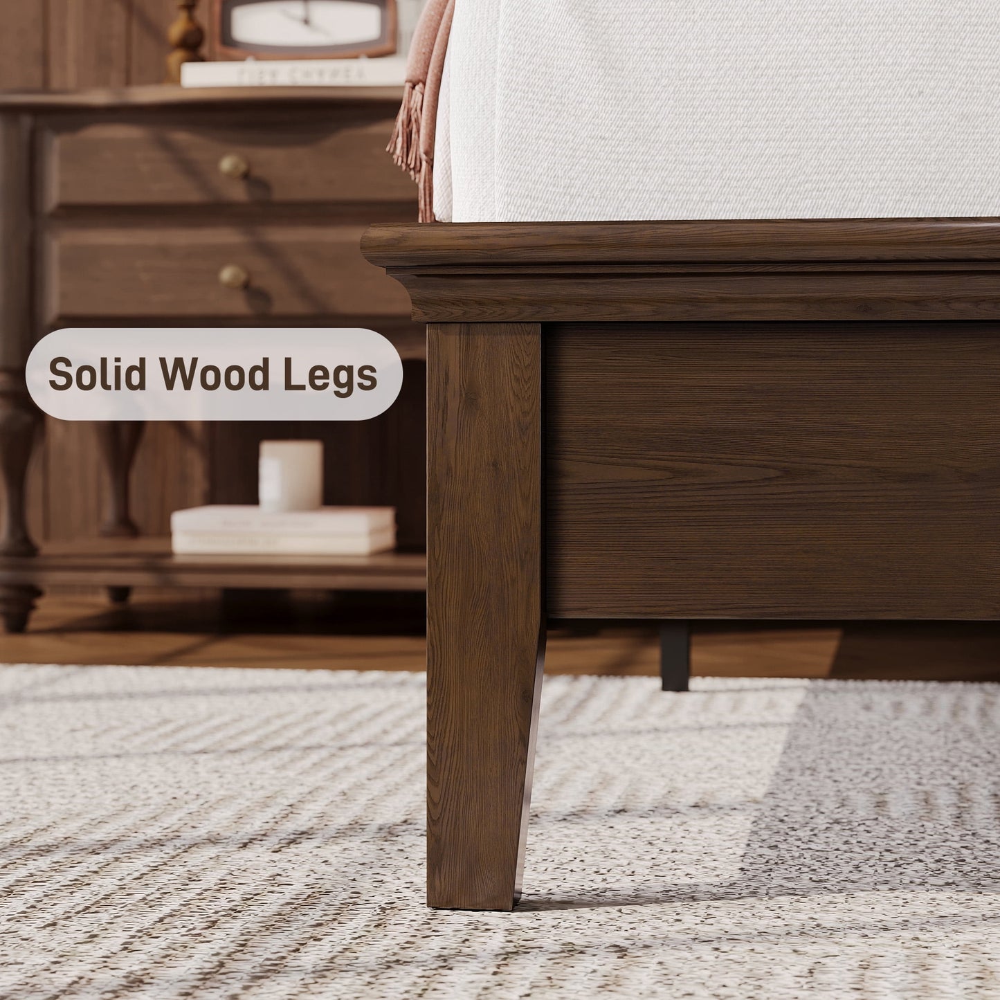 Lifezone Queen Solid Wood Platform Bed Frame, Tufted Headboard & Footboard with Charging Station, Noise-Free Walnut Brown Finish