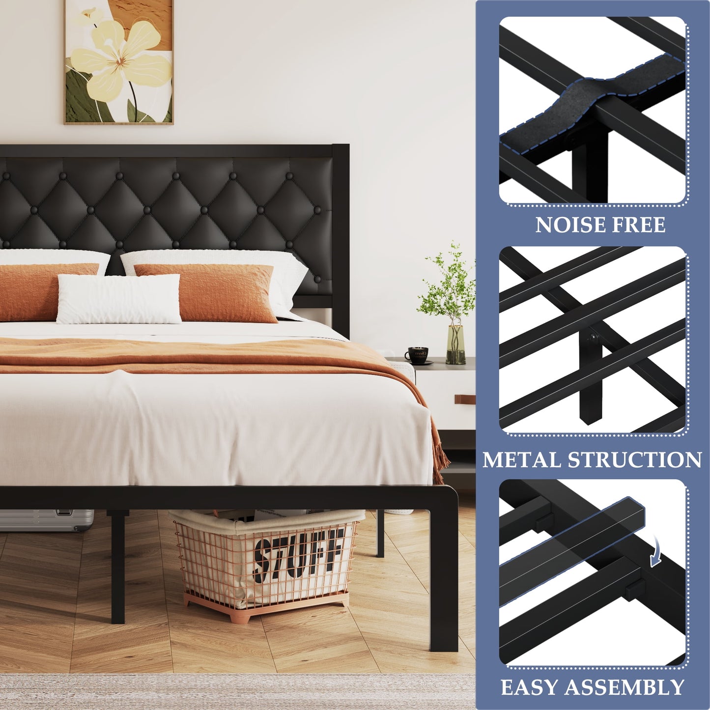 Lifezone Queen Bed Frame with Linen Upholstered Headboard, Metal Support, No Box Spring Needed, Black