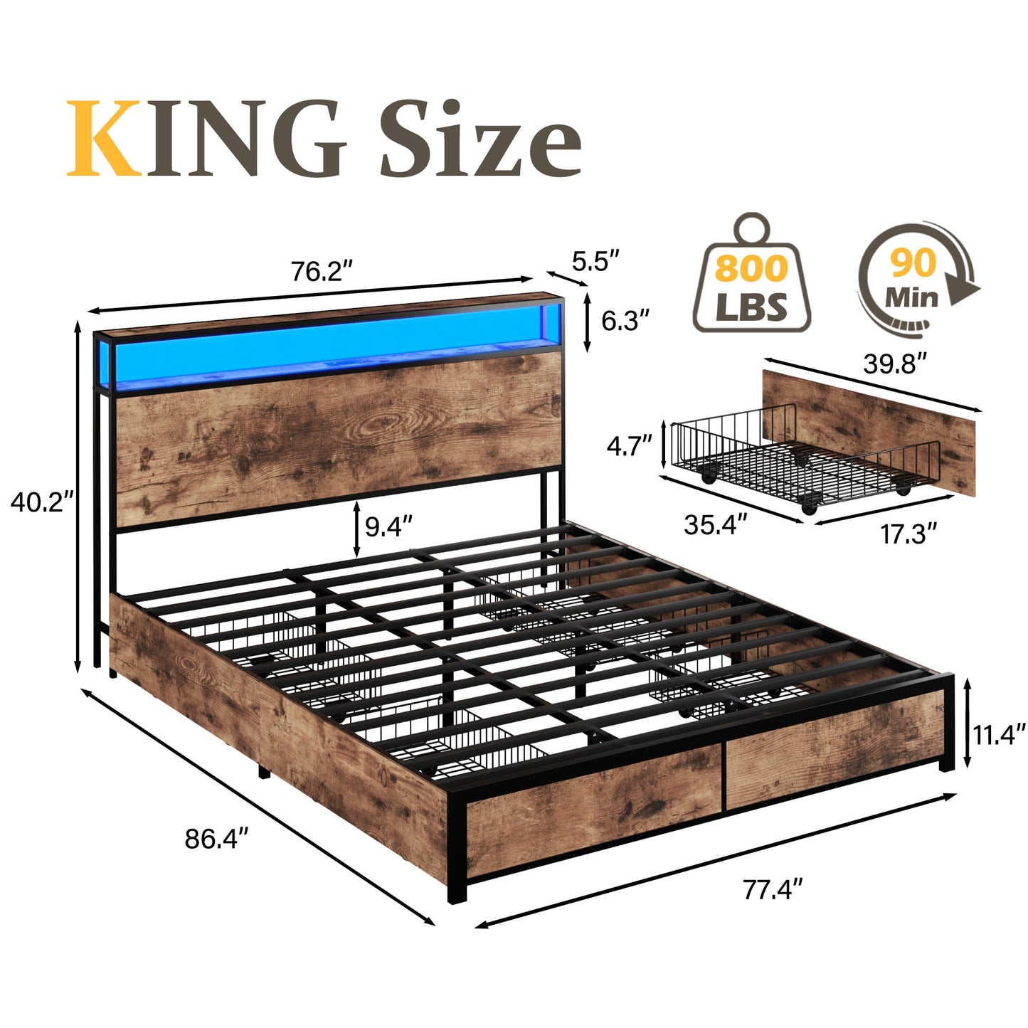 Lifezone King Size Bed Frame with 2-Tier Bookcase Headboard Platform Bed with Charging Station & LED, 4 Storage Drawers, Metal Support, No Box Spring Needed, Noise Free, Brown