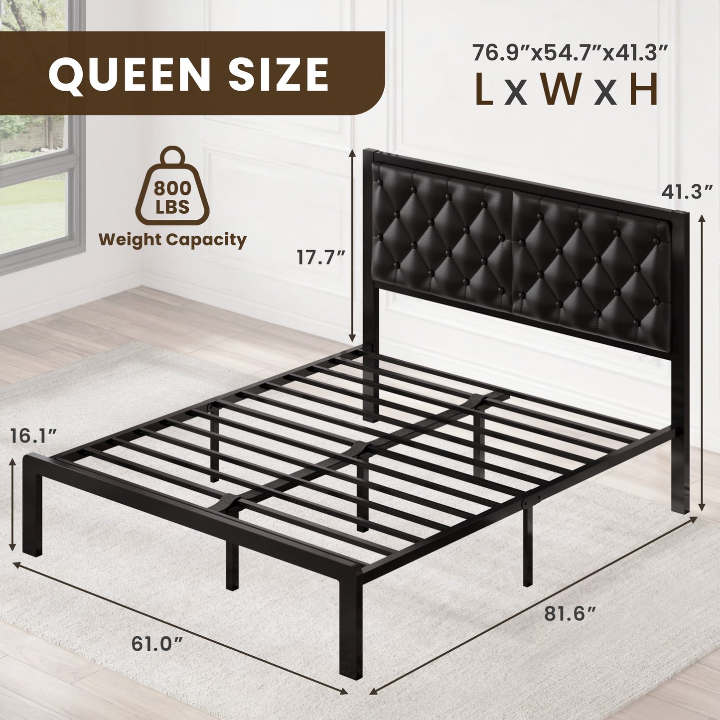 Lifezone Bed Frame with Upholstered Headboard, Queen, Metal Support, No Box Spring Needed, Modern Black