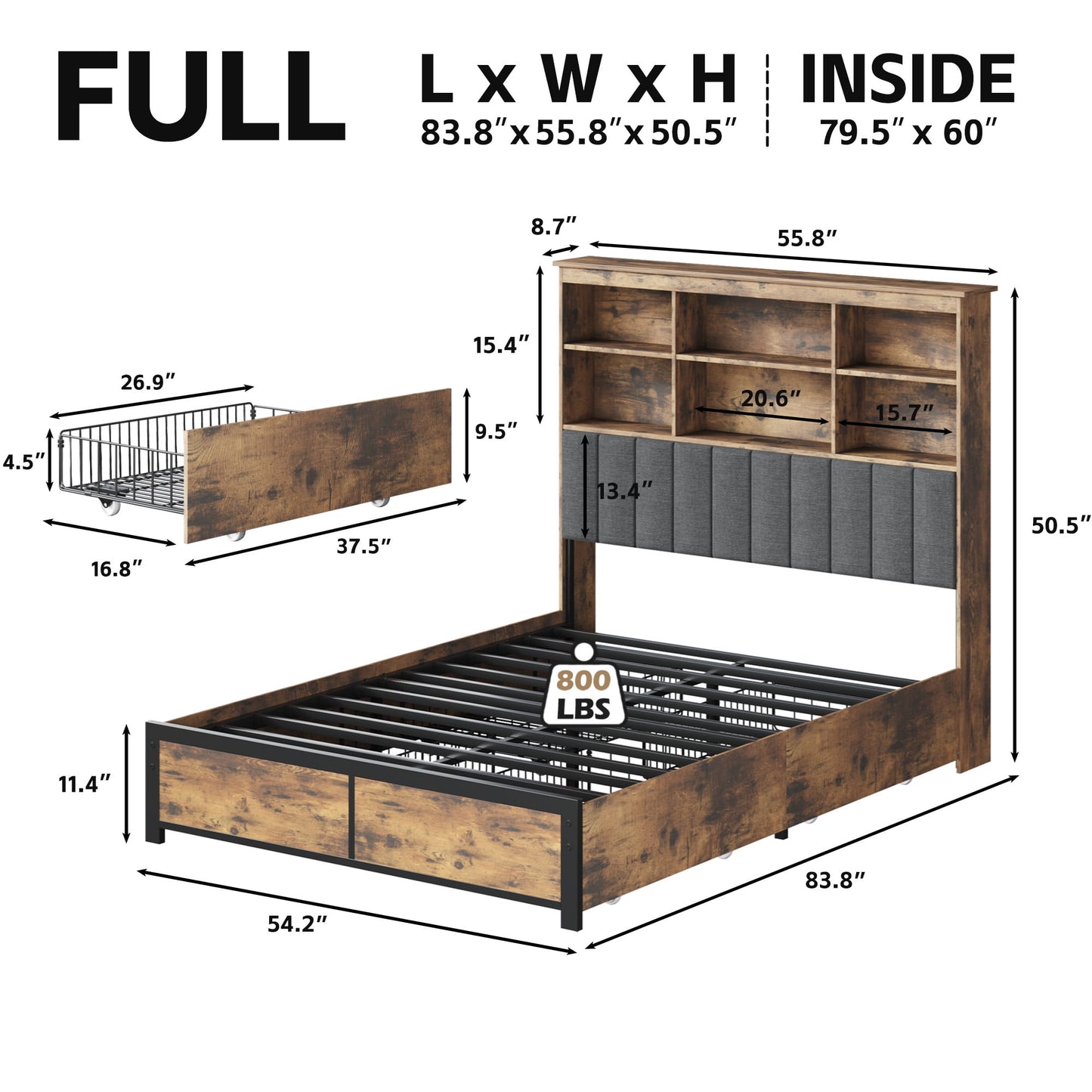 Lifezone Bookcase Beds Full Bed Frame with Wooden Platform, Rustic Brown