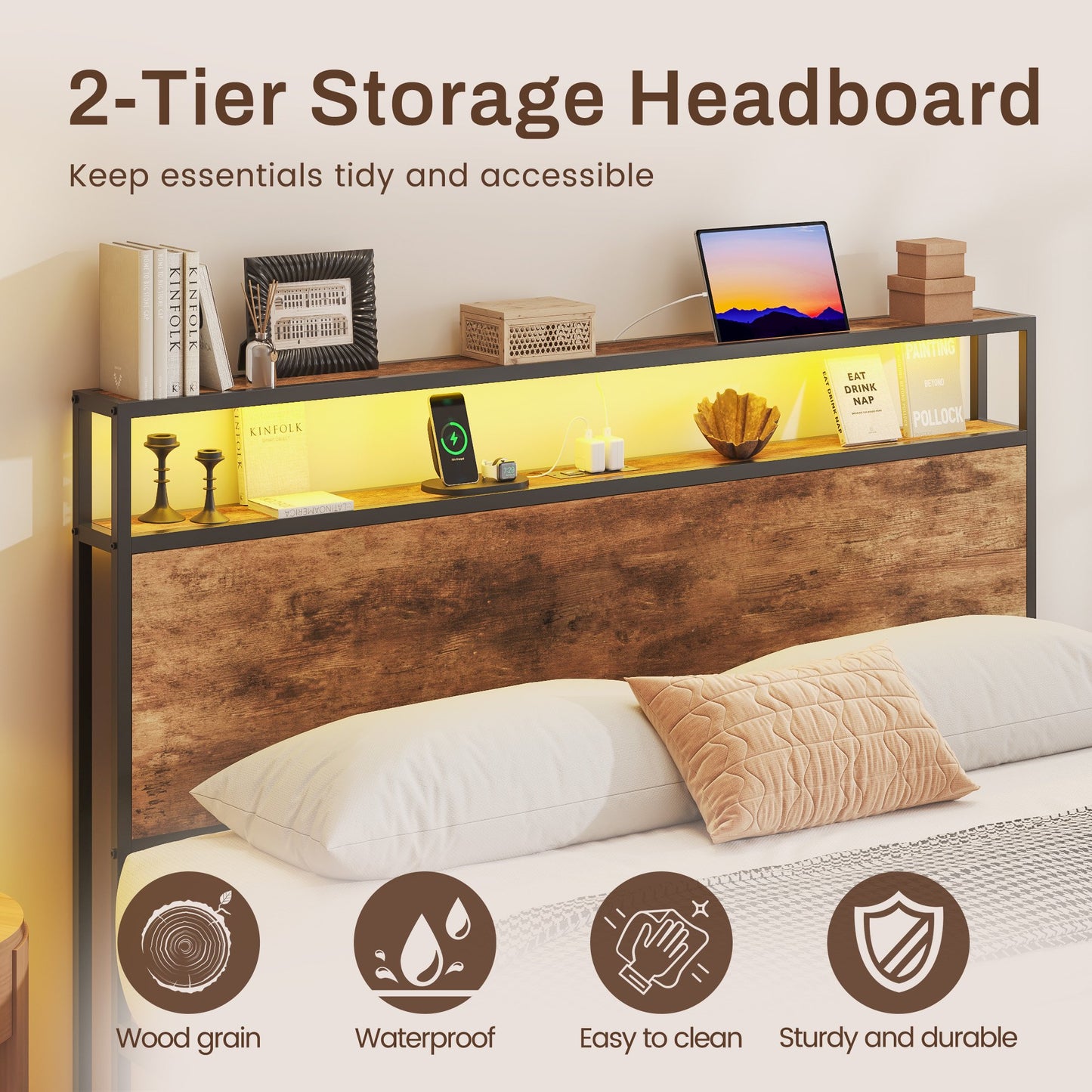 Lifezone Queen Bed Frame with 2-Tier Storage Headboard, Metal Bed Frame with Storage Drawers & Built-in Charging Station & LED, Noise-Free, No Box Spring Needed, Easy Assembly, Retro Brown