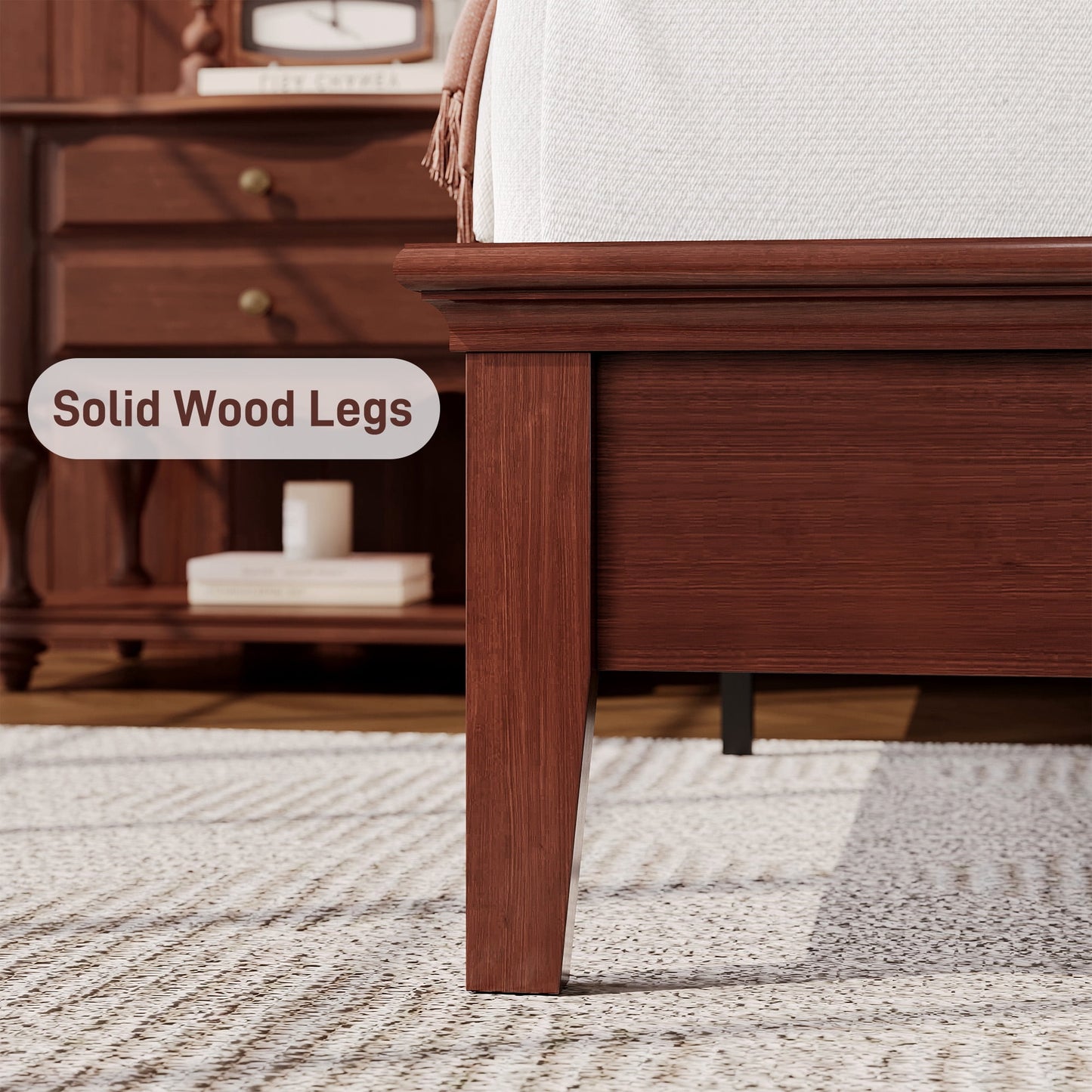 Lifezone Queen Solid Wood Platform Bed Frame, White Diamond Tufted Upholstered Headboard with LED Light, Noise-Free, Reddish Brown