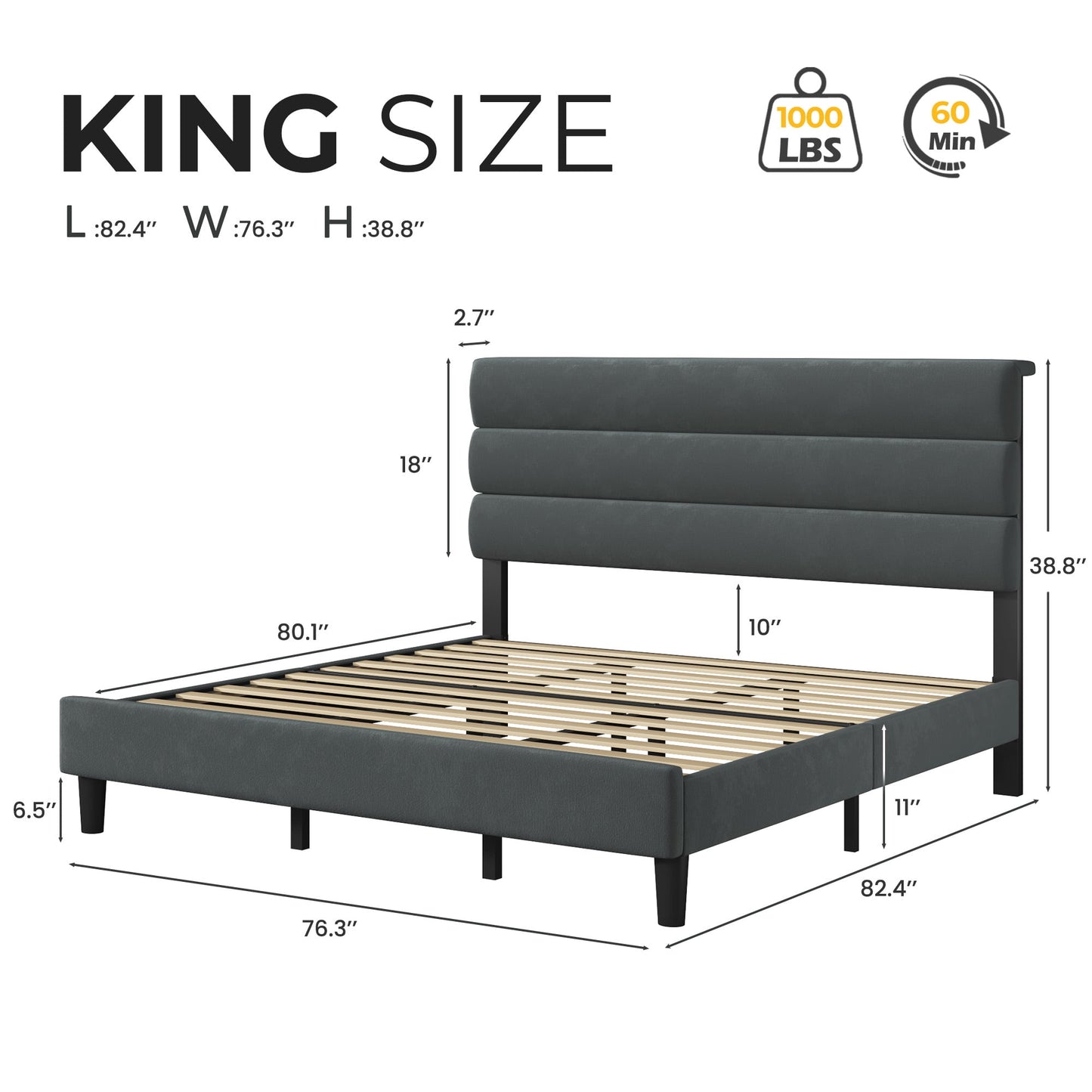 Lifezone King Bed Frame with Velvet Upholstered Headboard, Metal Support and No Box Spring