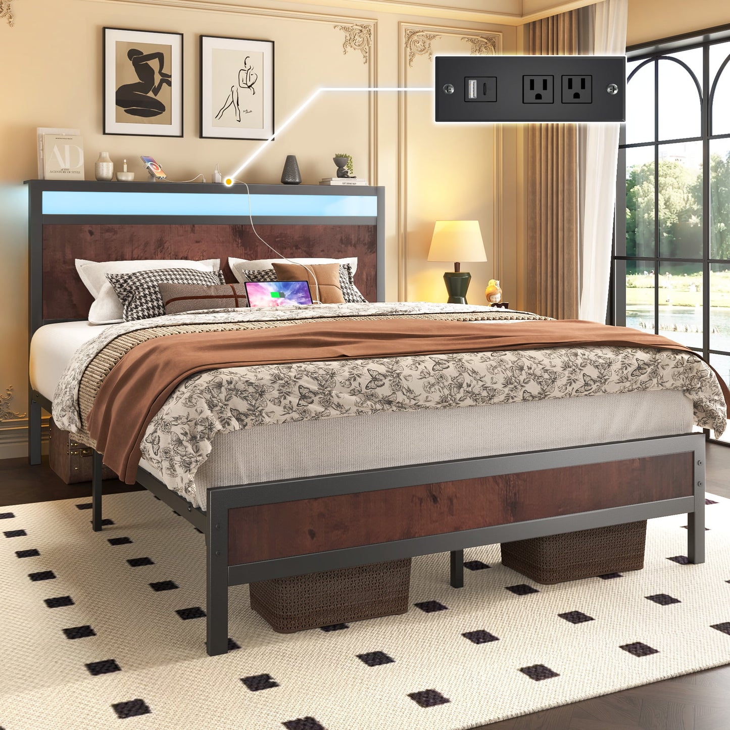 Full Bed Frame with Storage Headboard & Storage Drawer, Charging Station & LED Light, No Box Spring Needed, Noise Free, Easy Assembly, Vintage Brown