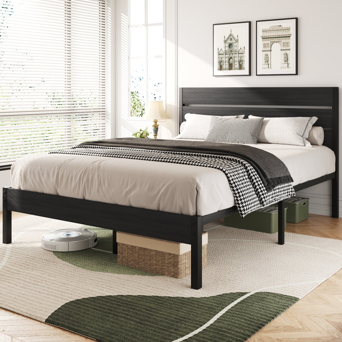 Lifezone Queen Bed Frame with Rustic Vintage Wood Headboard and Footboard,Metal Support,Grey