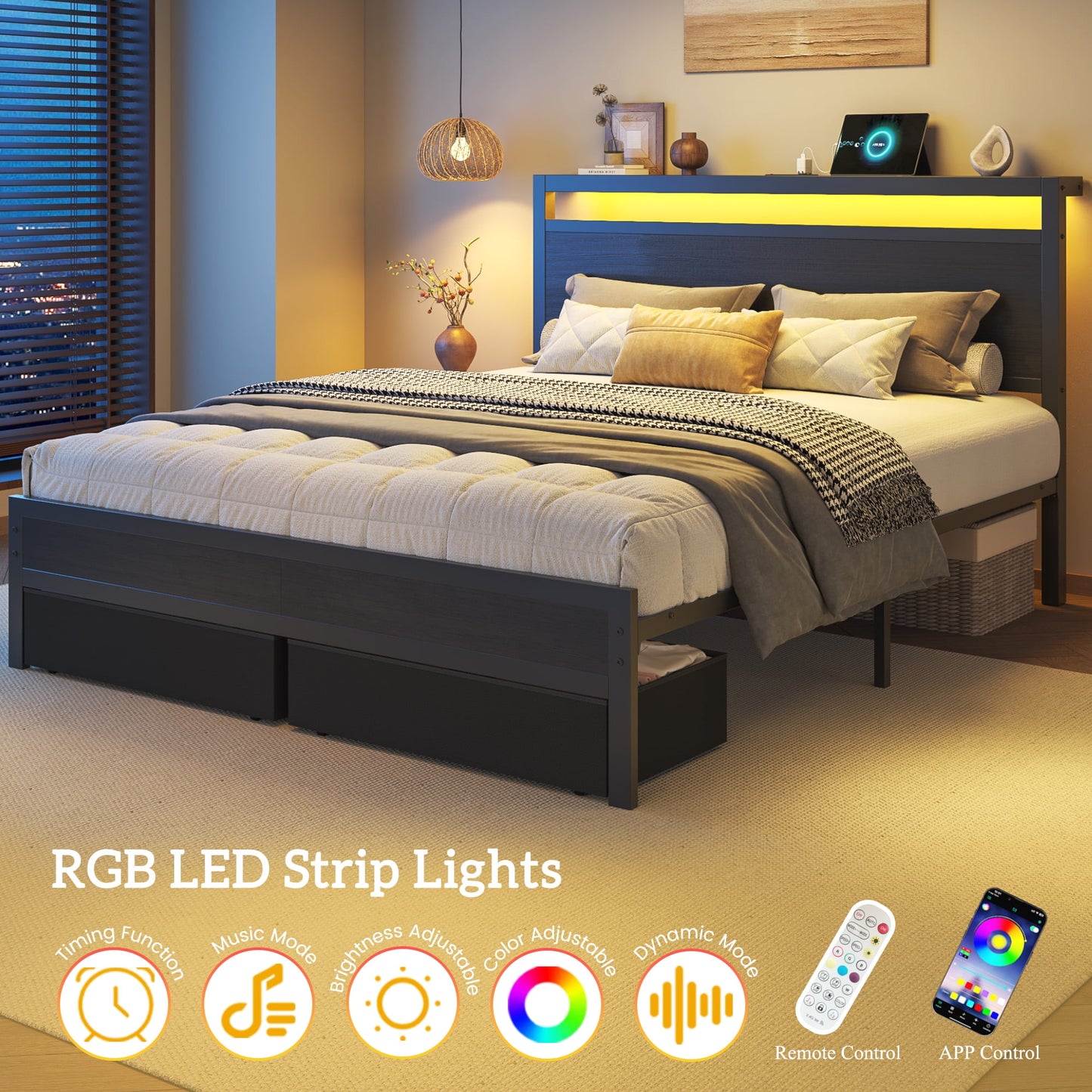 Queen Bed Frame with Headboard & Footboard, Bed Frame with Built-in Charging Station & LED Light, 2 Drawers, Storage Shelf, Noise-Free, No Box Spring Needed, Easy Assembly, Classic Black
