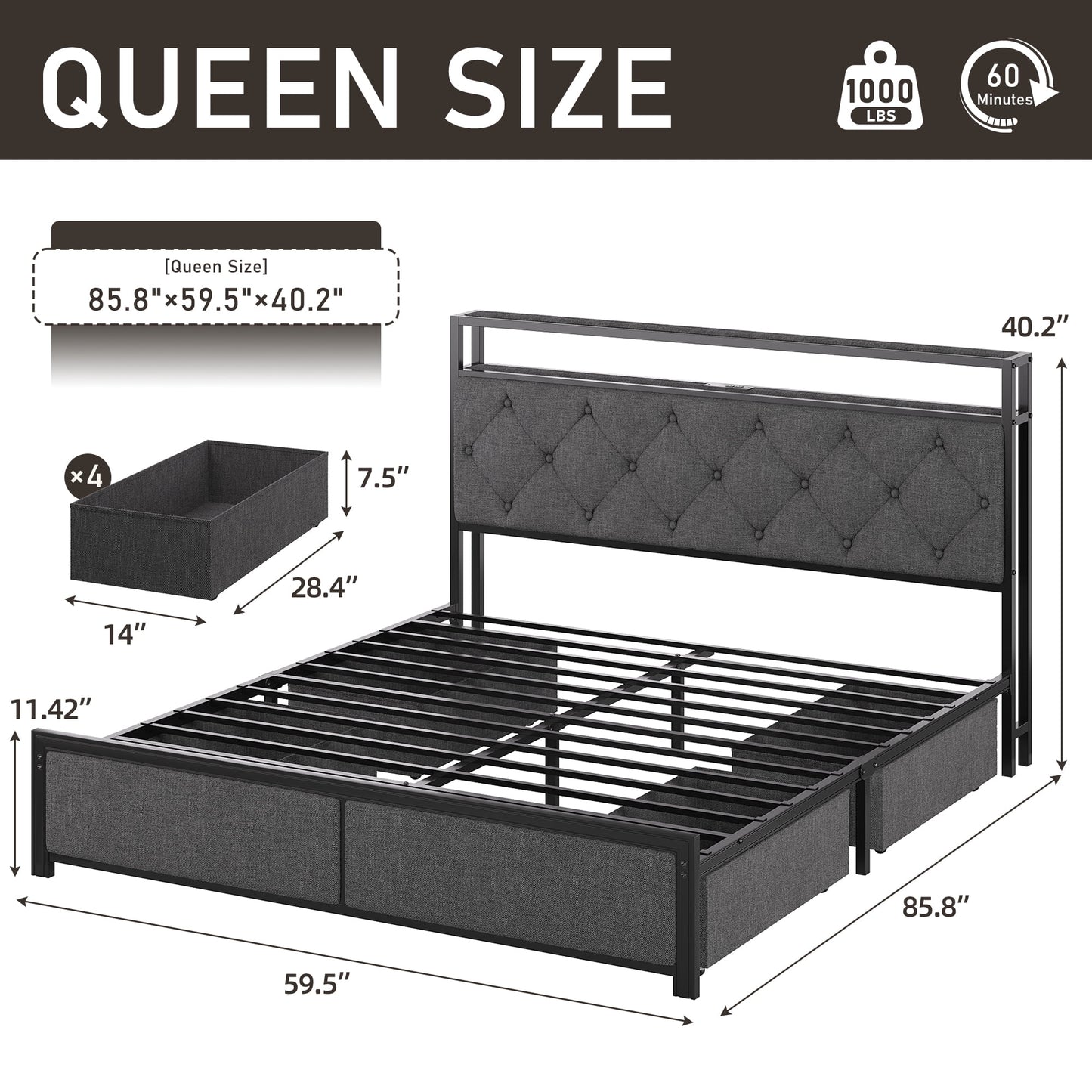 Lifezone Queen Bed Frame with Headboard, Platform Bed Frame with 4 Storage Drawers, Charging Station & LED, Metal Support, No Box Spring Needed, Noise Free, Gray