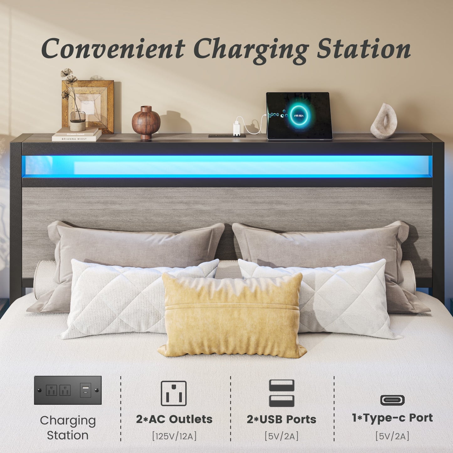 Queen Bed Frame with 2 Drawers, Headboard & Footboard, Bed Frame with Built-in Charging Station & LED Light, Storage Shelf, Noise-Free, No Box Spring Needed, Easy Assembly, Gray