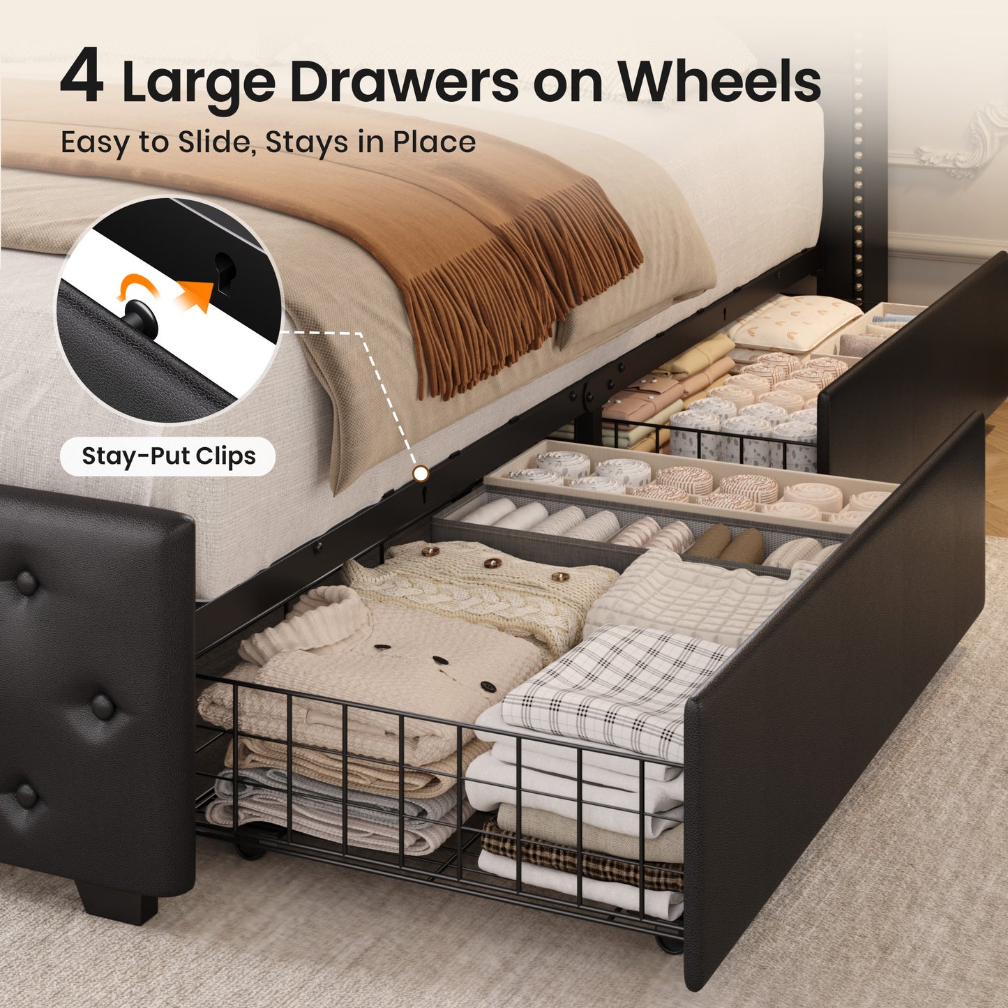 Lifezone Queen Bed Frame with 4 Storage Drawers and LED Lights, Upholstered Faux Leather Wingback Platform Bed with Type-C Charging Station, Noise-Free Heavy Duty Metal, No Box Spring Needed, Black