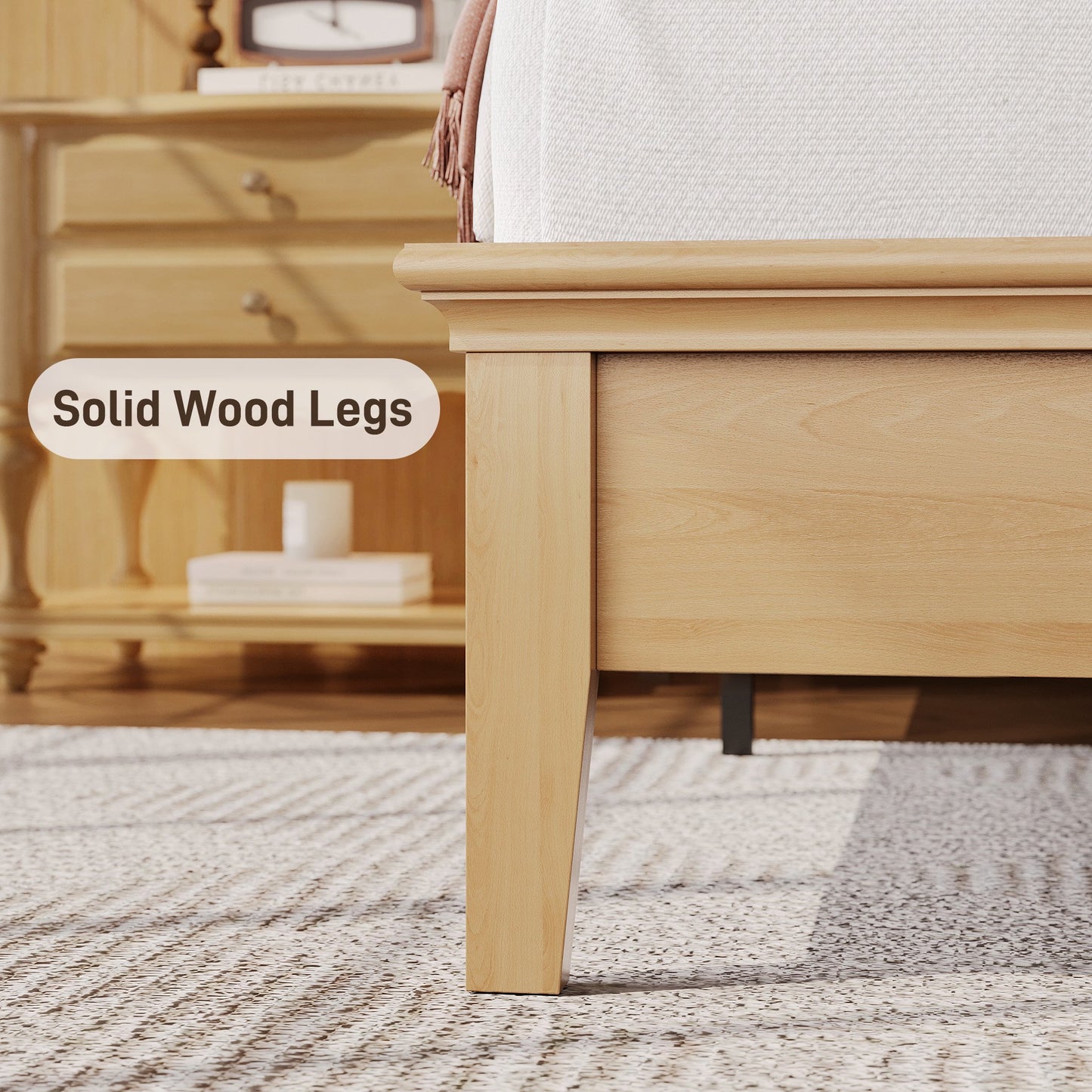 Lifezone Solid Wood Queen Platform Bed, Tall Headboard with Built-in RGB LED and Charging Station, Wood Slat Support, Noise-Free Natural Finish