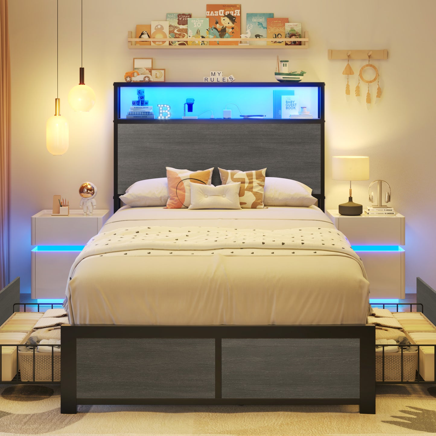Lifezone Twin Bed Frame with 2-Tier Storage Headboard, Metal Platform Bed Frame with 4 Storage Drawers, Built in Charging Station & LED, Noise-Free/Metal Support/No Box Spring Needed, Rustic Grey