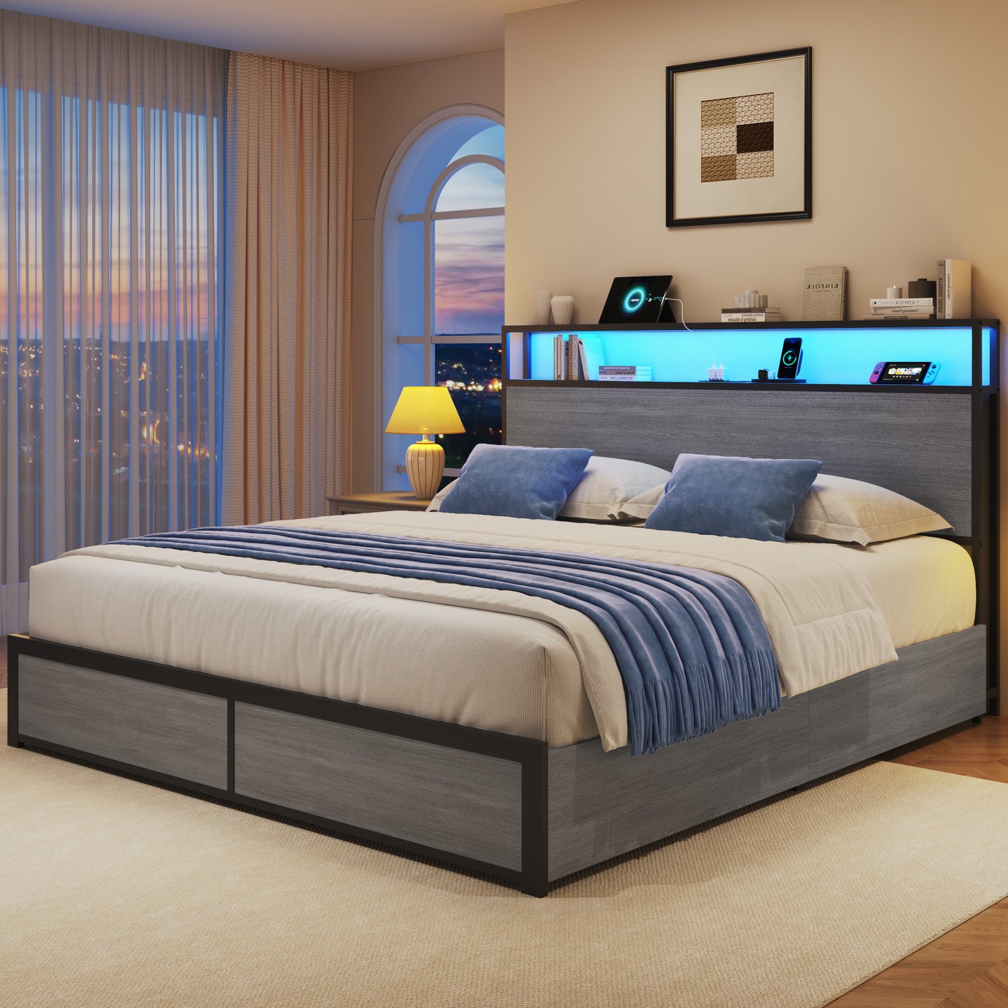 Lifezone Queen Size Lift Up Storage Bed Frame with 2-Tier Storage Headboard, Metal Platform Bed Frame with Charging Station & LED Light, Hydraulic Support, No Box Spring Needed/Noise Free, Rustic Grey