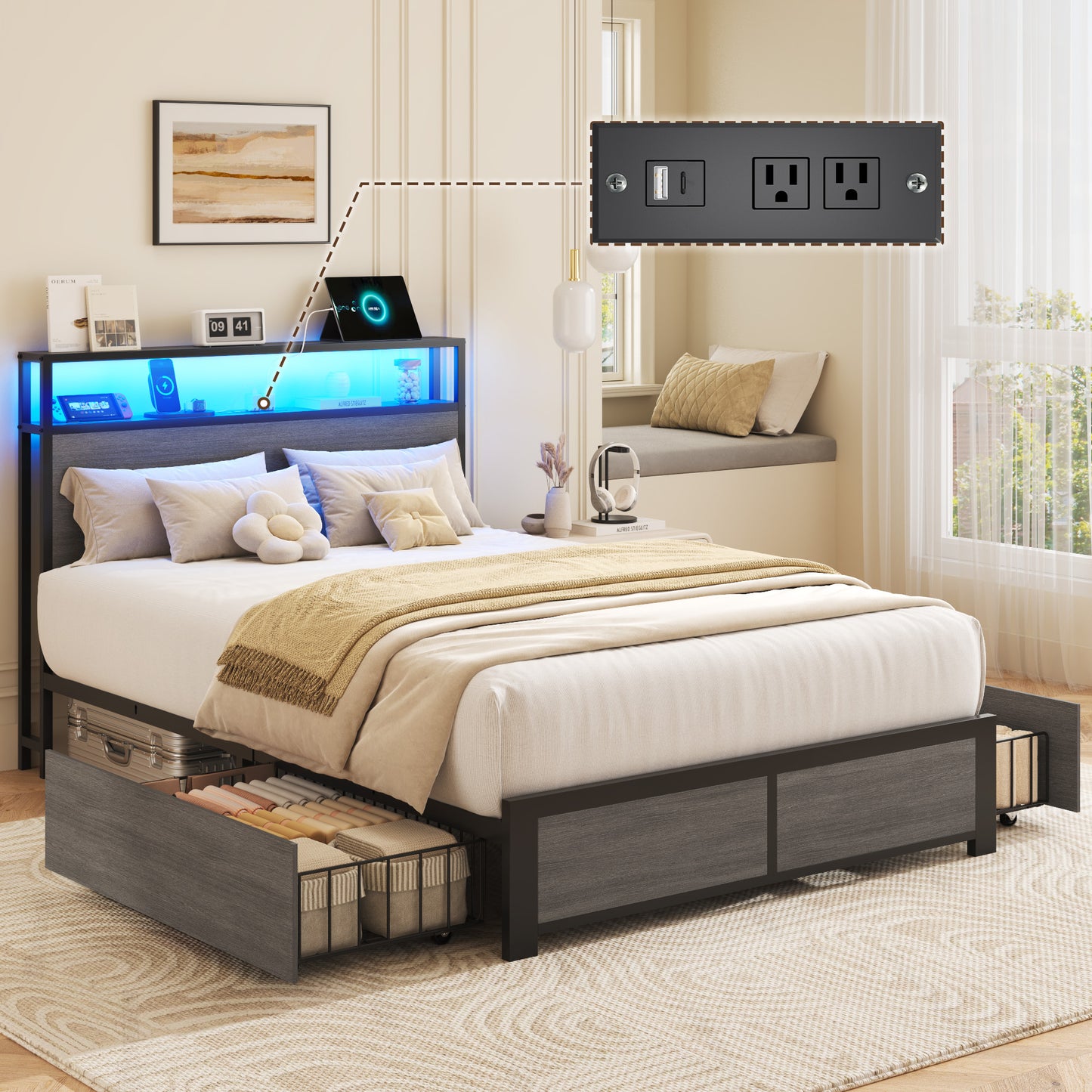 Lifezone Twin Bed Frame with 2 Storage Drawers, Platform Bed Frame with Headboard, Charging Station & LED, Metal Support, No Box Spring Needed, Noise Free, Gray