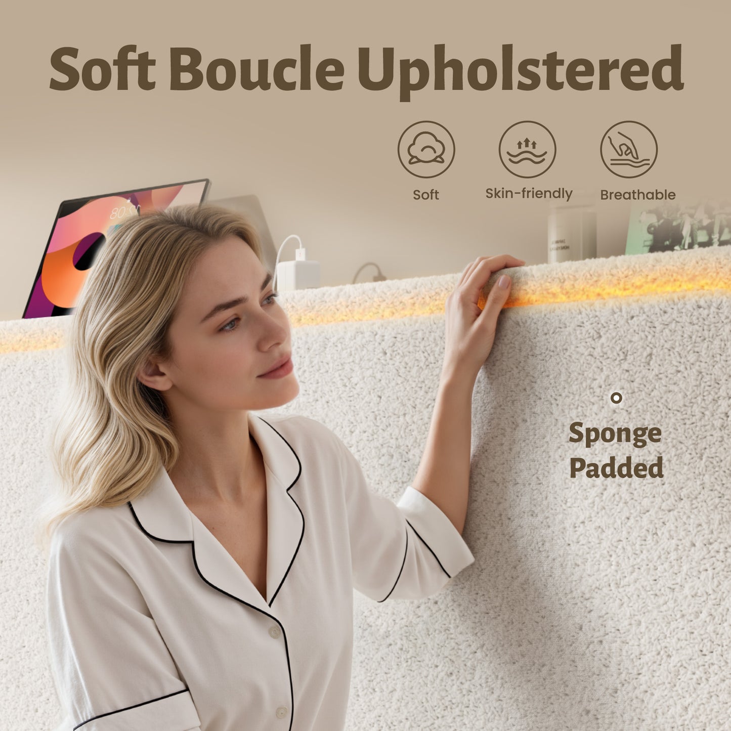 Lifezone Queen Bed Frame with Charging Station & LED Lights, Boucle Upholstered Cloud Bed with Headboard and Shelf, Noise Free, Sturdy Metal Support, No Box Spring Needed, Soft Rounded Corners, Beige